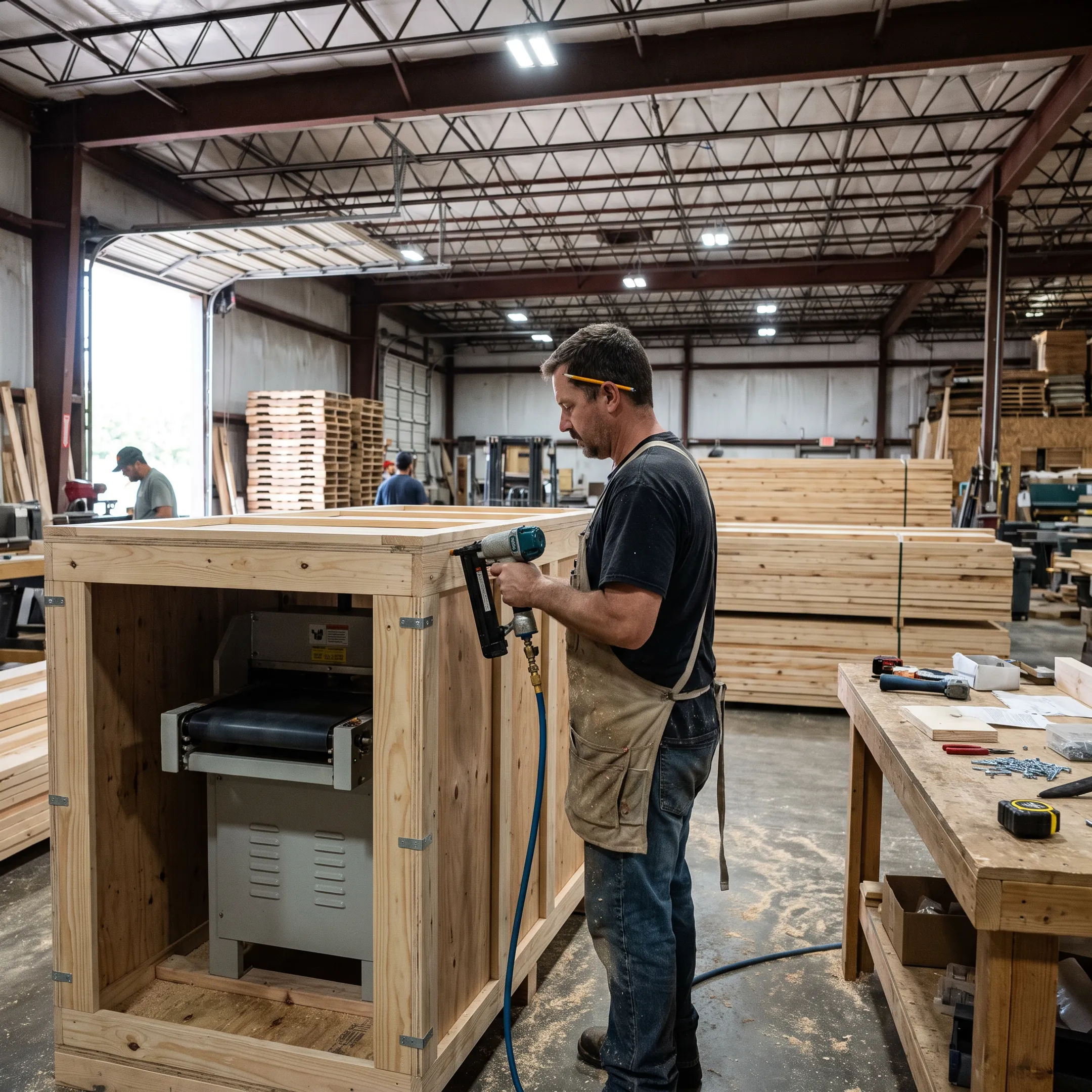 Technician assembling a custom wooden shipping crate