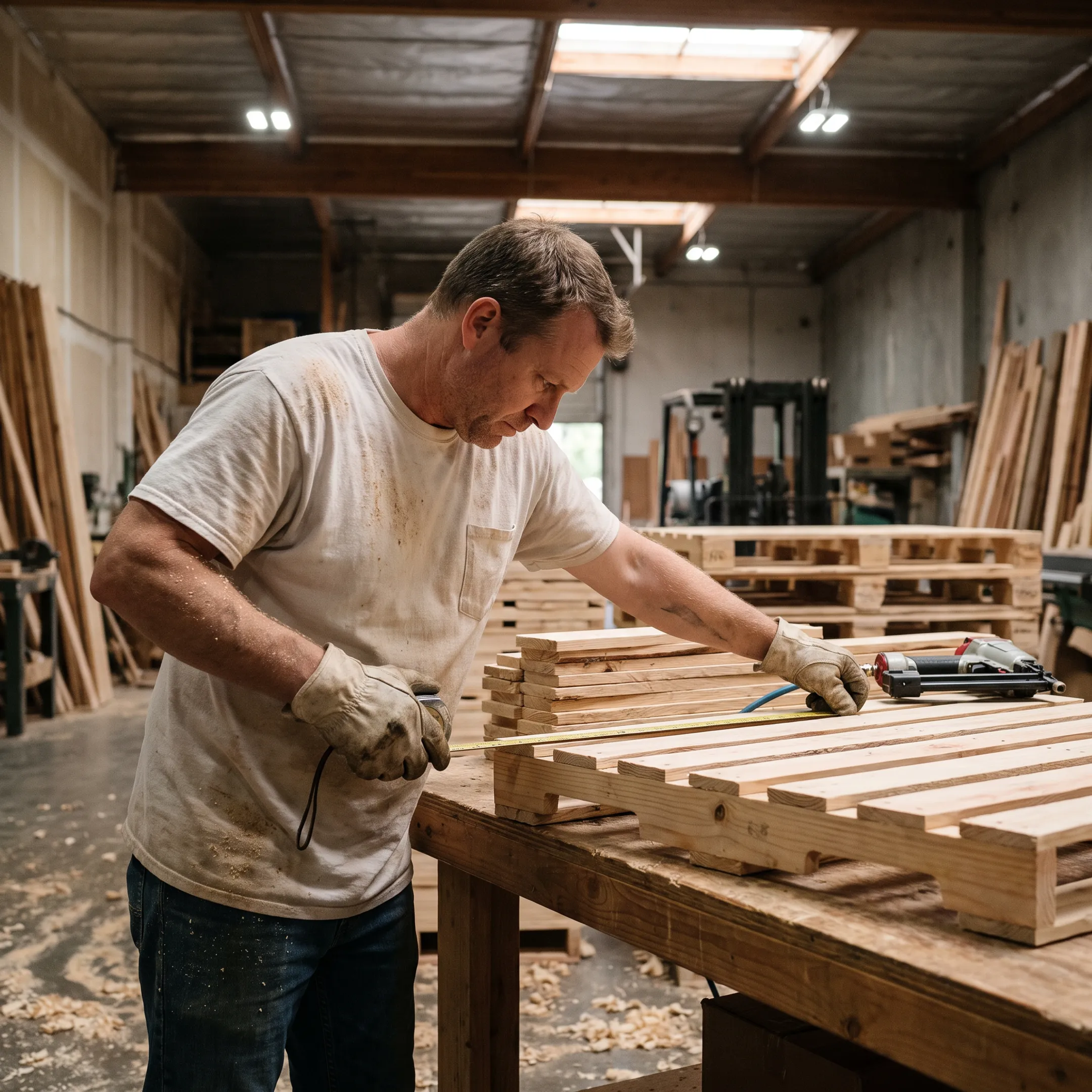 Worker inspecting a custom pinewood pallet