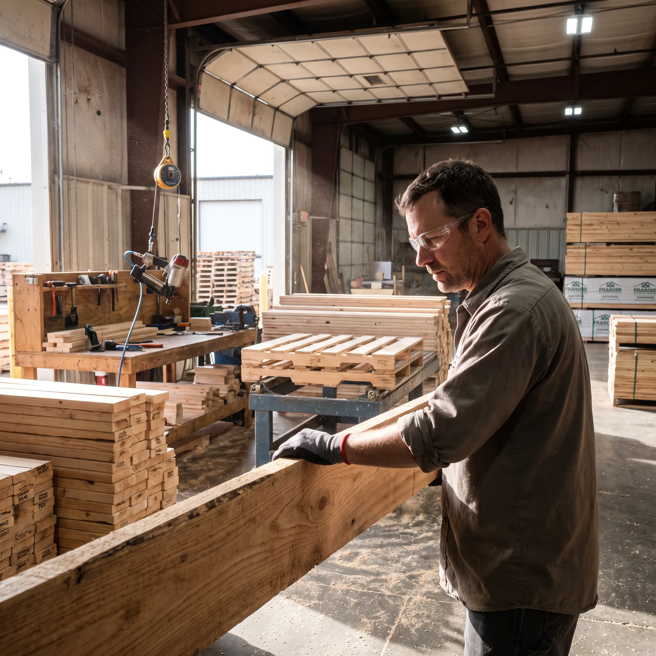 Worker inspecting lumber for custom pallets