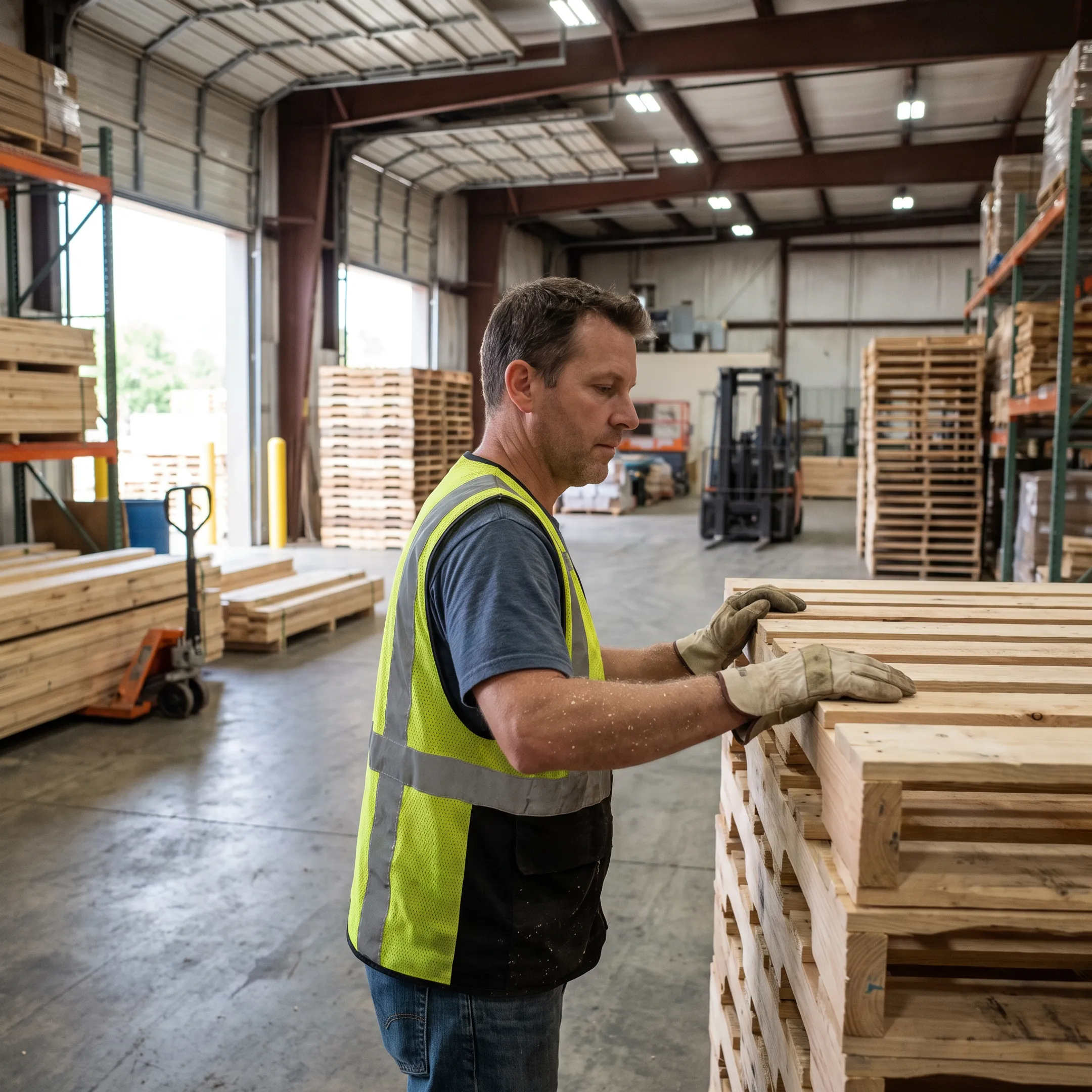 Warehouse employee inspecting wooden pallets