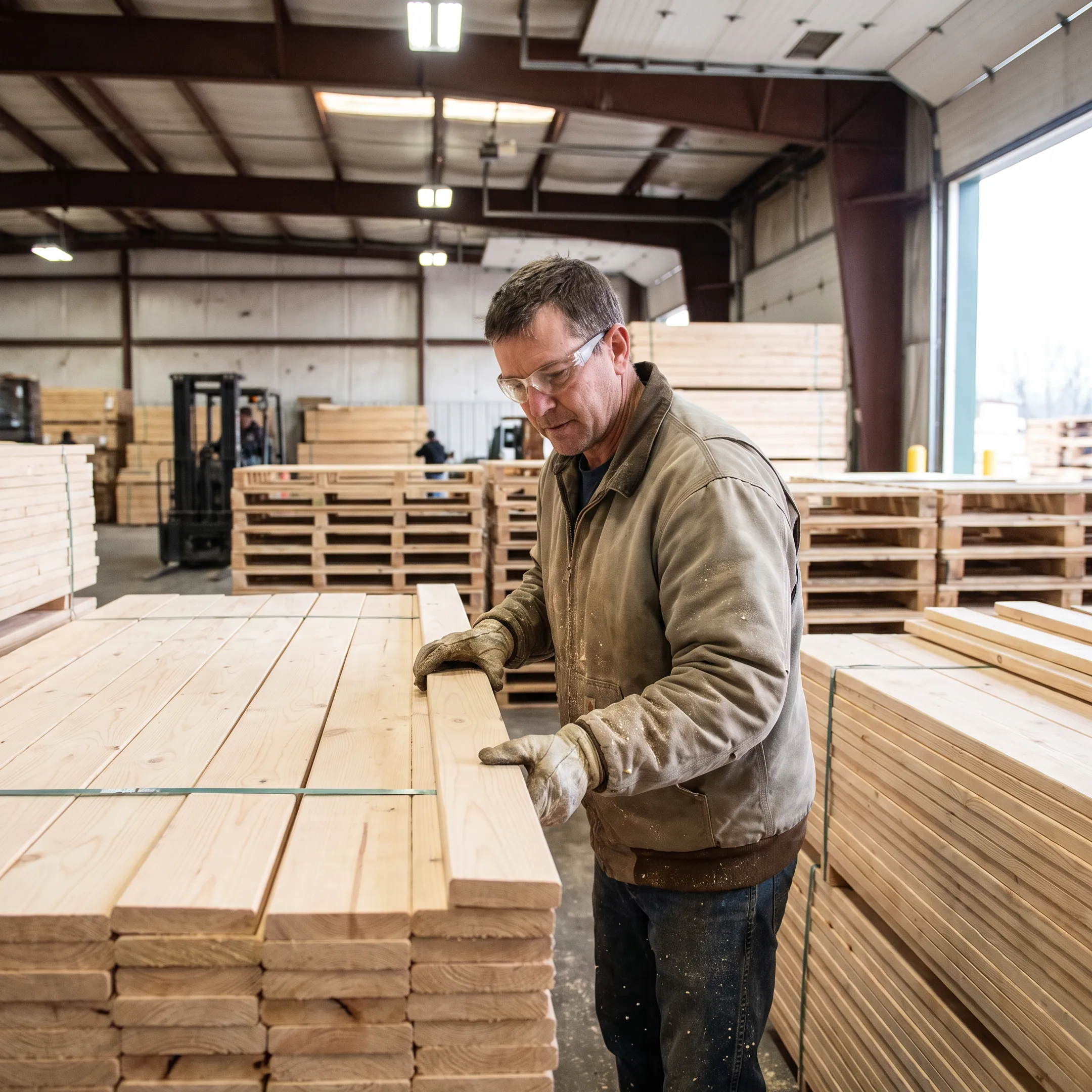 Worker inspecting pallet lumber stock