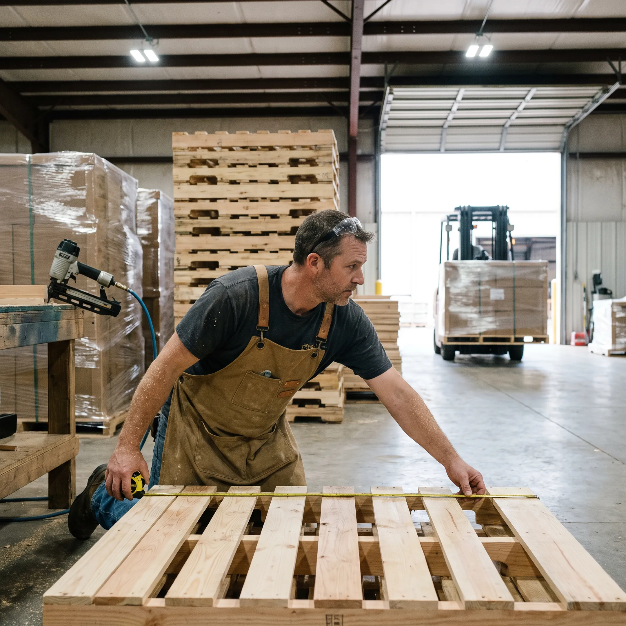 Team inspecting a custom pallet design