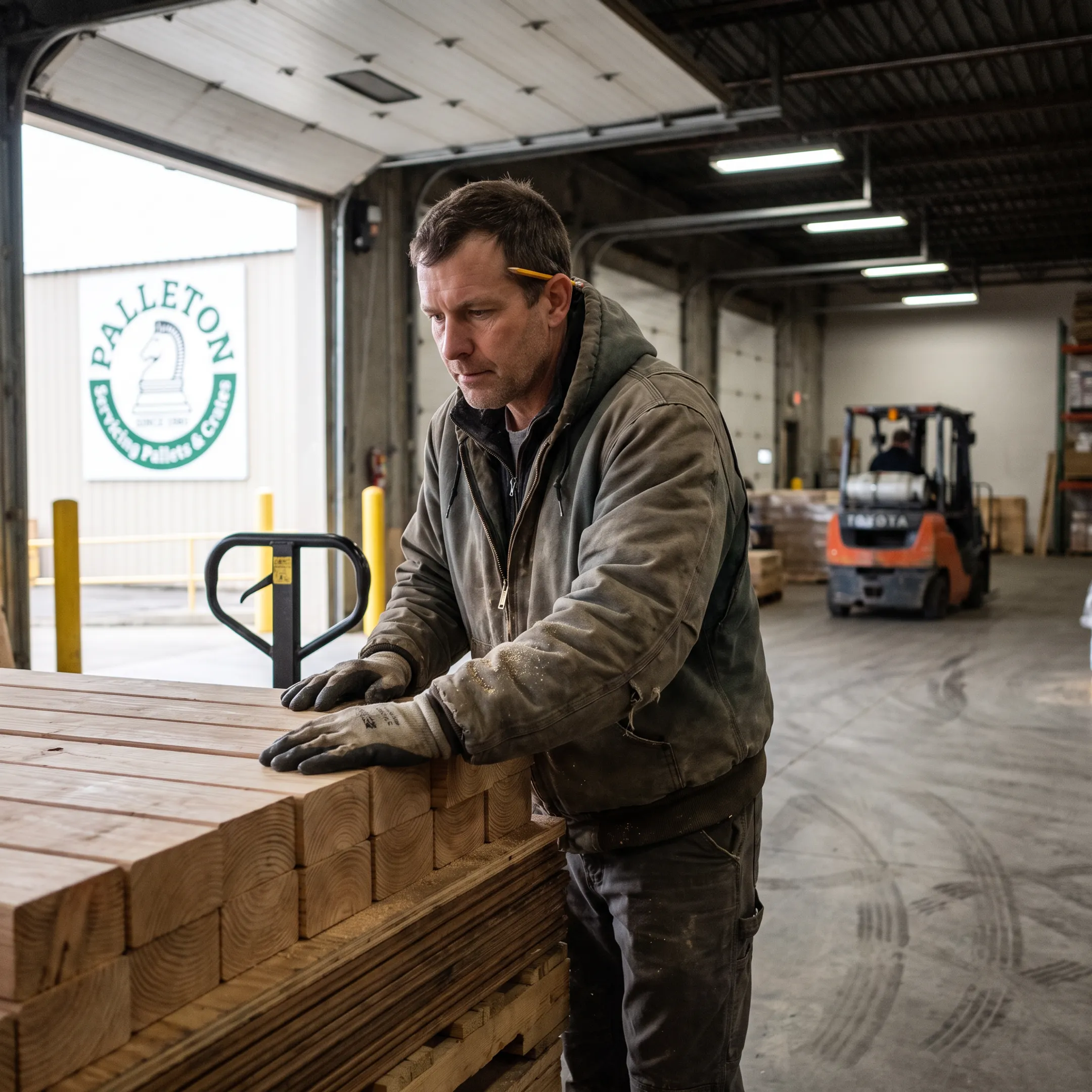Worker inspecting a wood block pallet