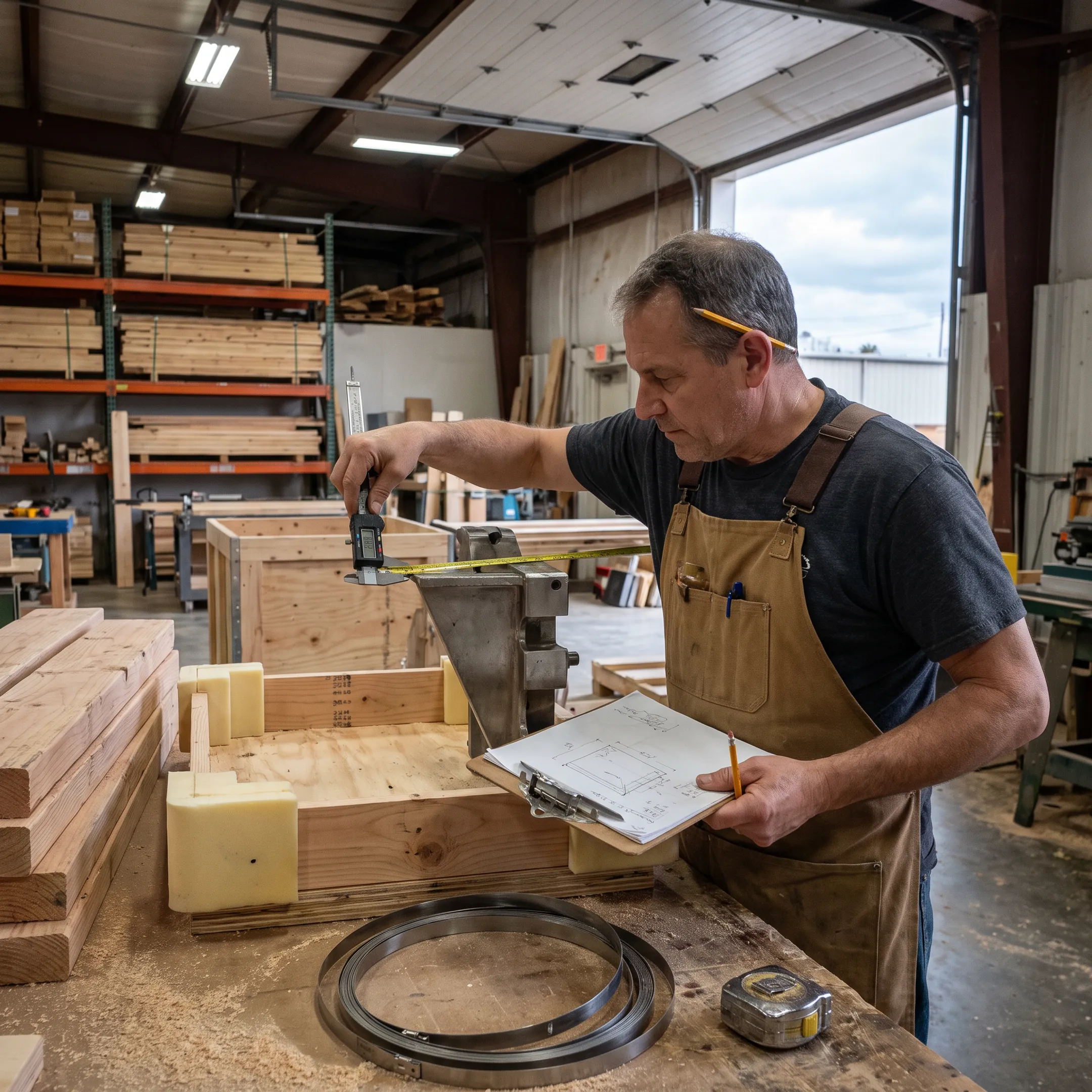 Technician measuring equipment for a custom crate