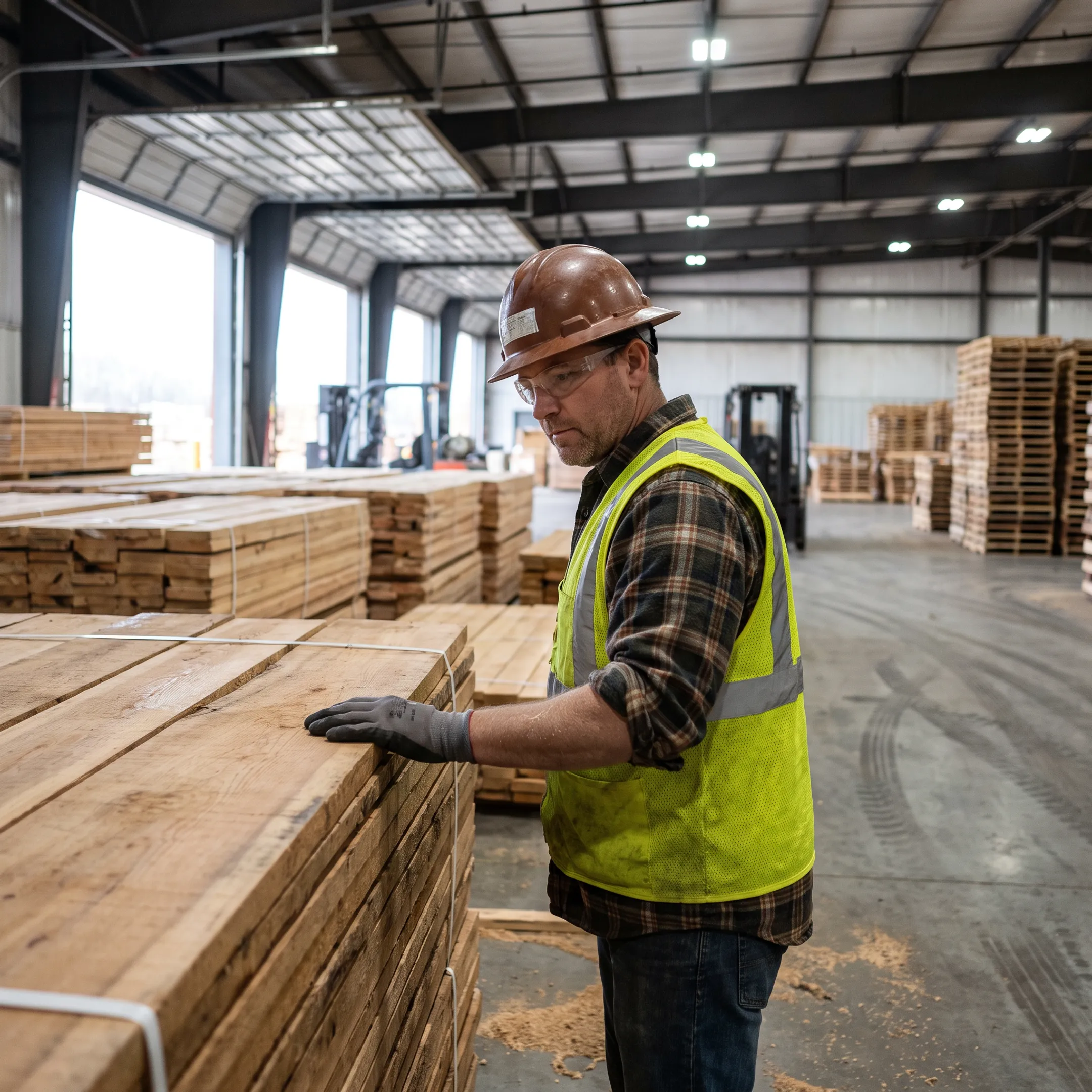 Worker inspecting stacked lumber stock