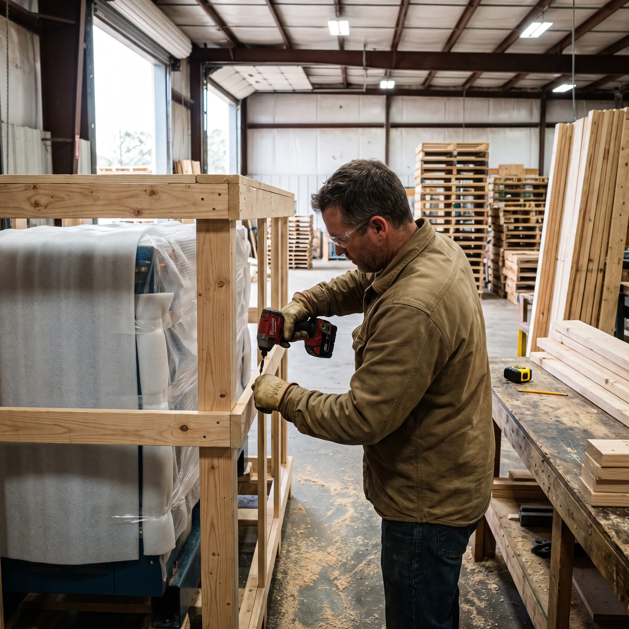 Worker assembling a custom wooden shipping crate