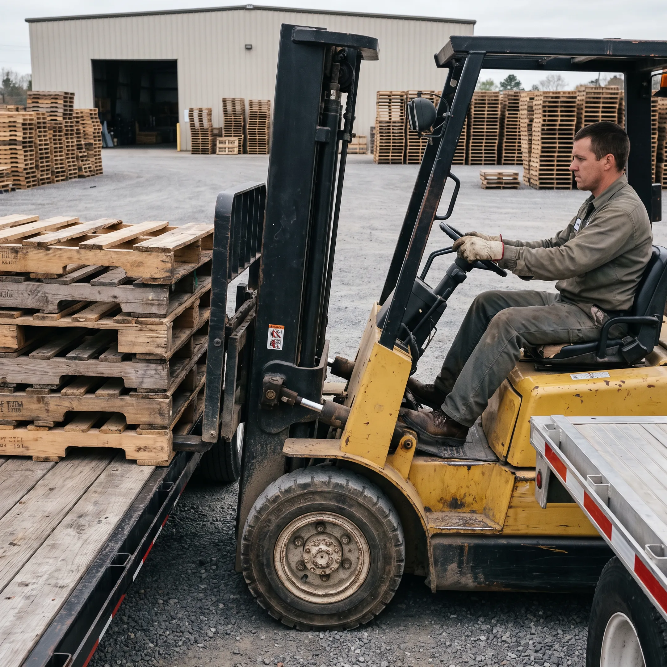 Forklift loading used pallets for recovery