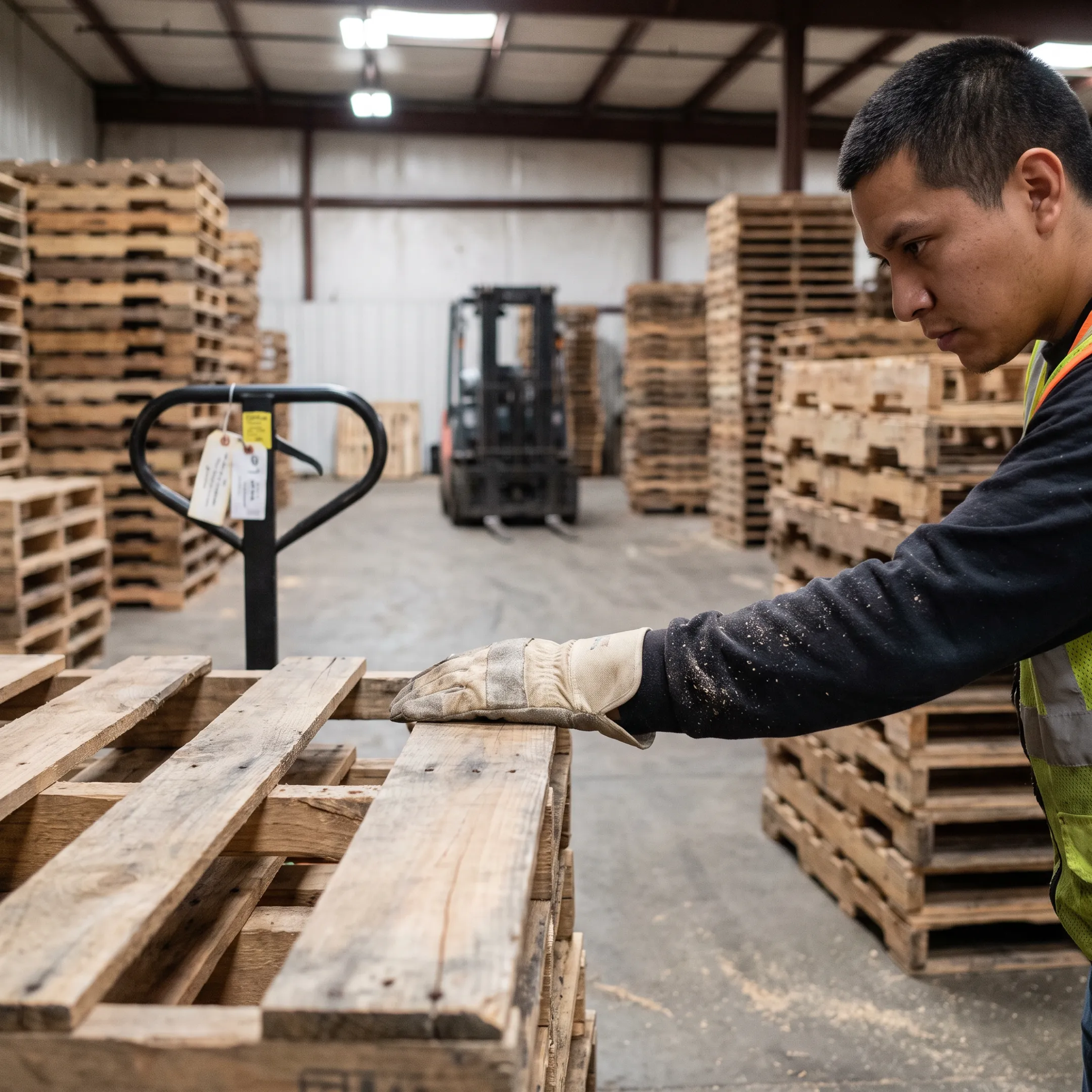 Worker inspecting recycled wood pallets