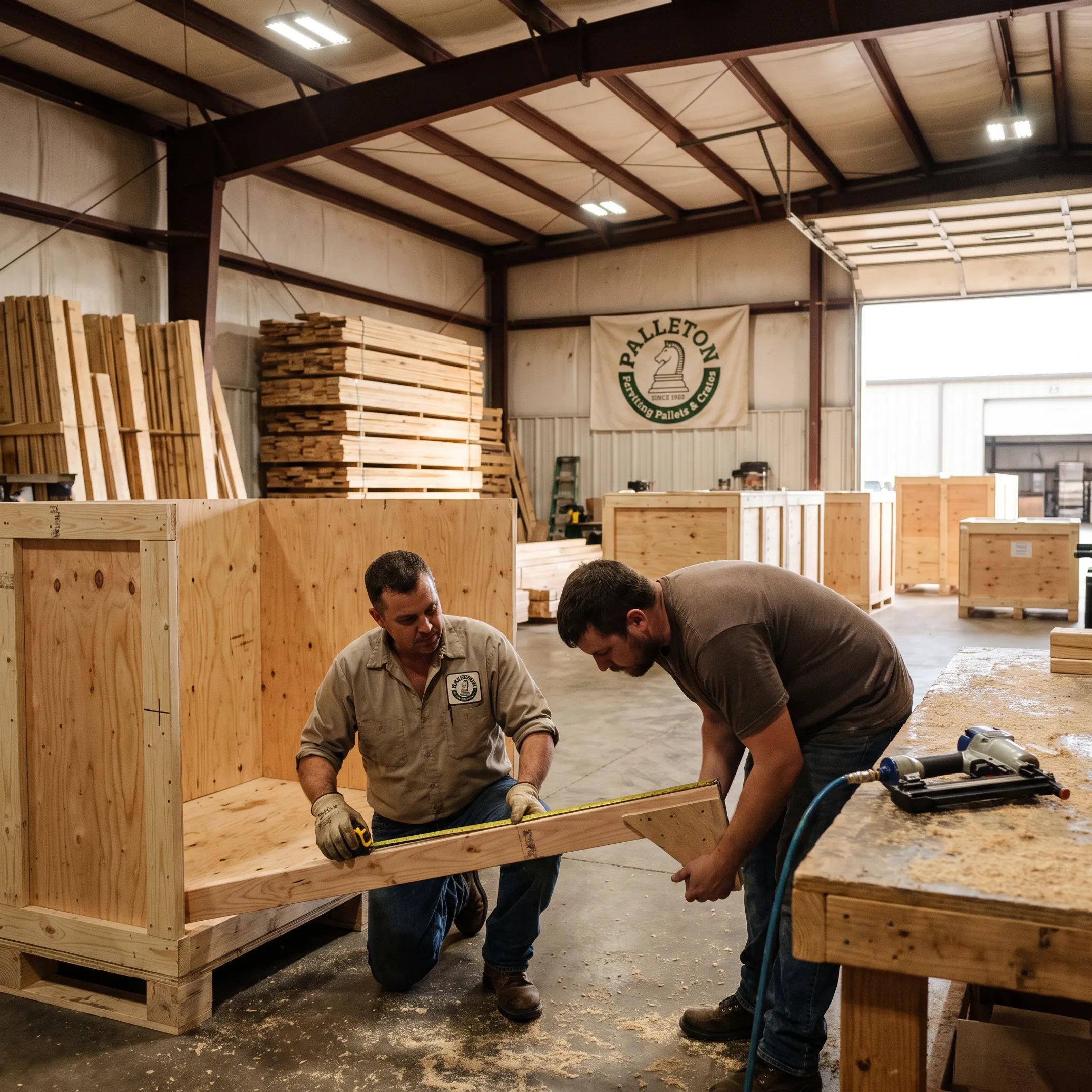 Team building a custom crate around industrial equipment