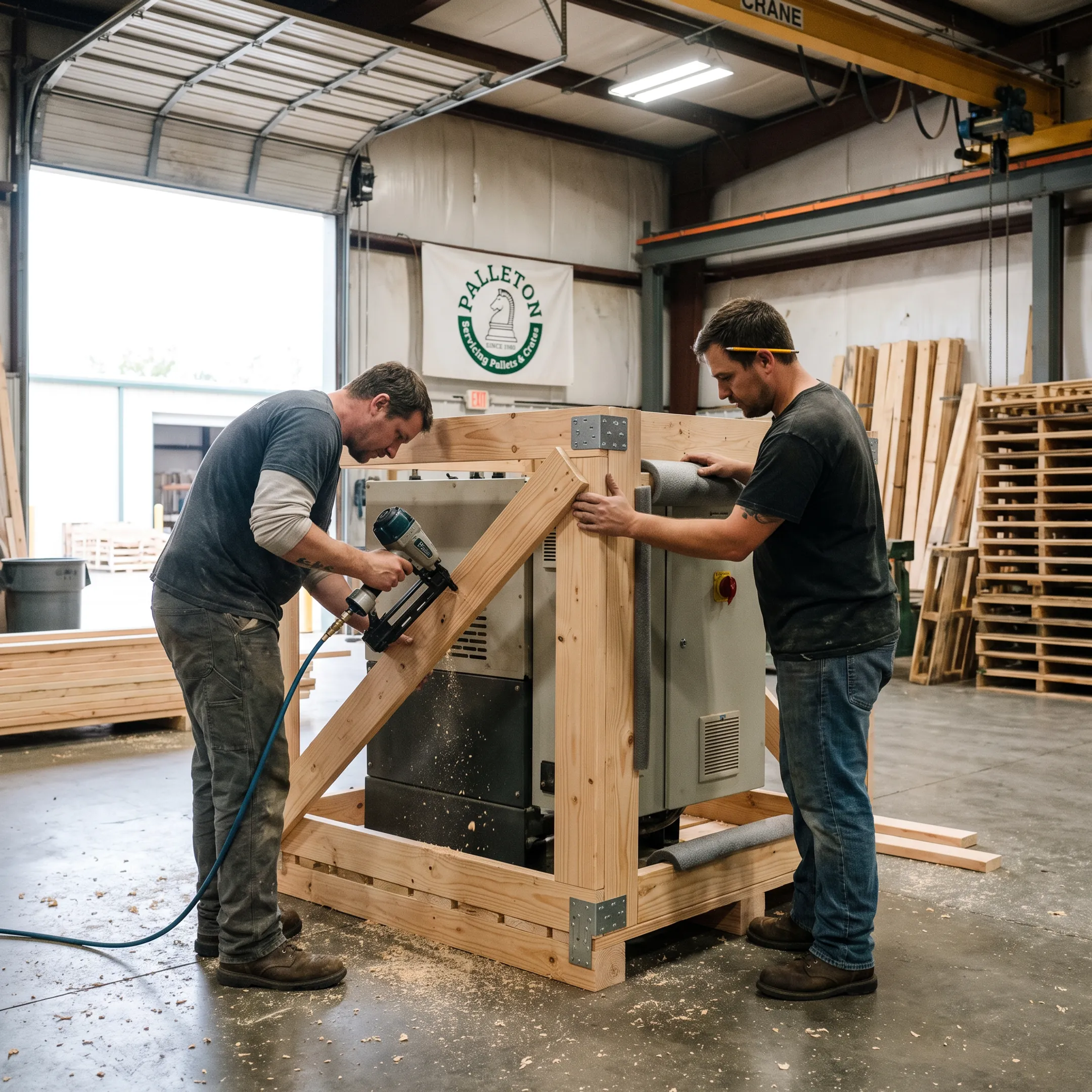 Workers assembling a custom wooden export crate