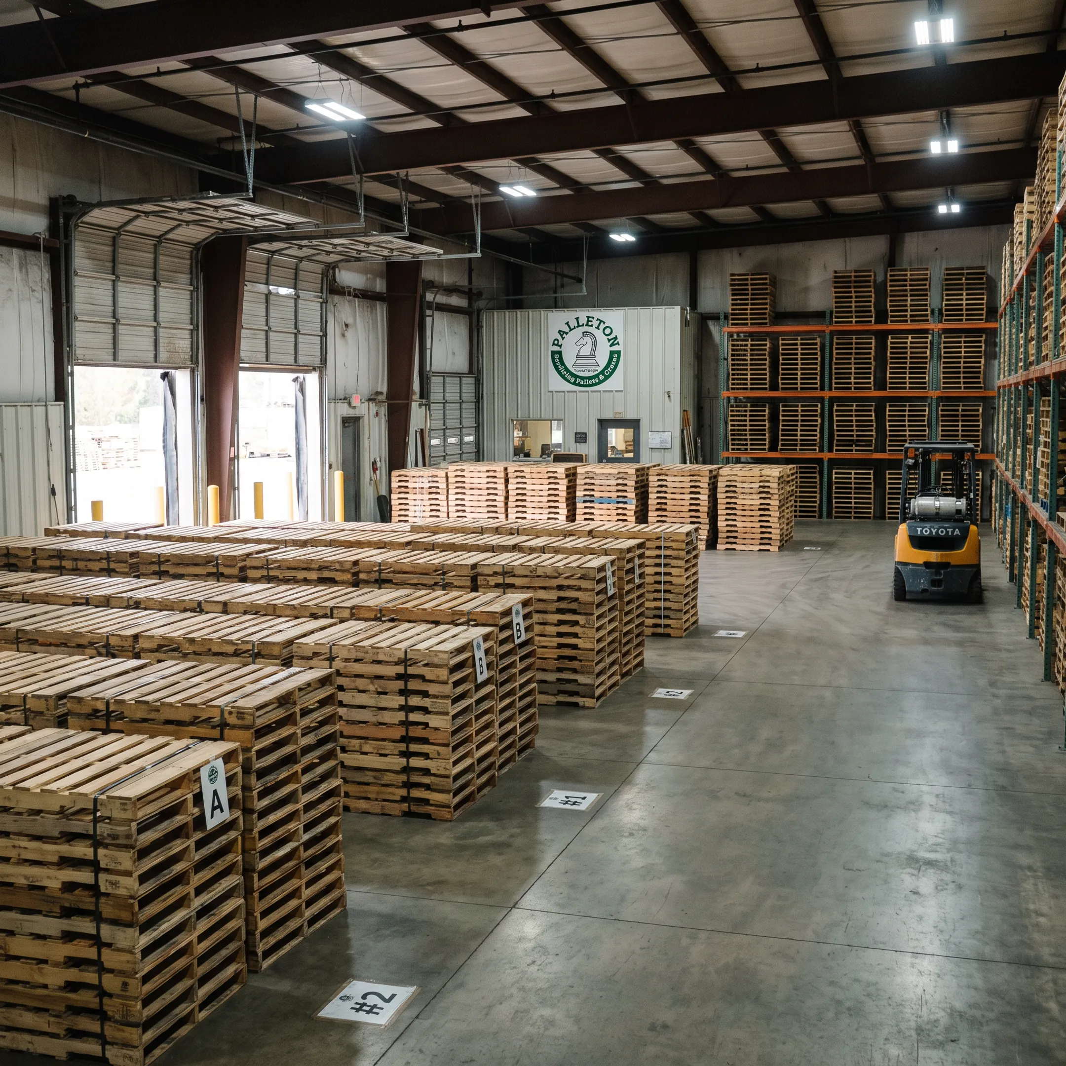 Repaired pallets staged in a warehouse