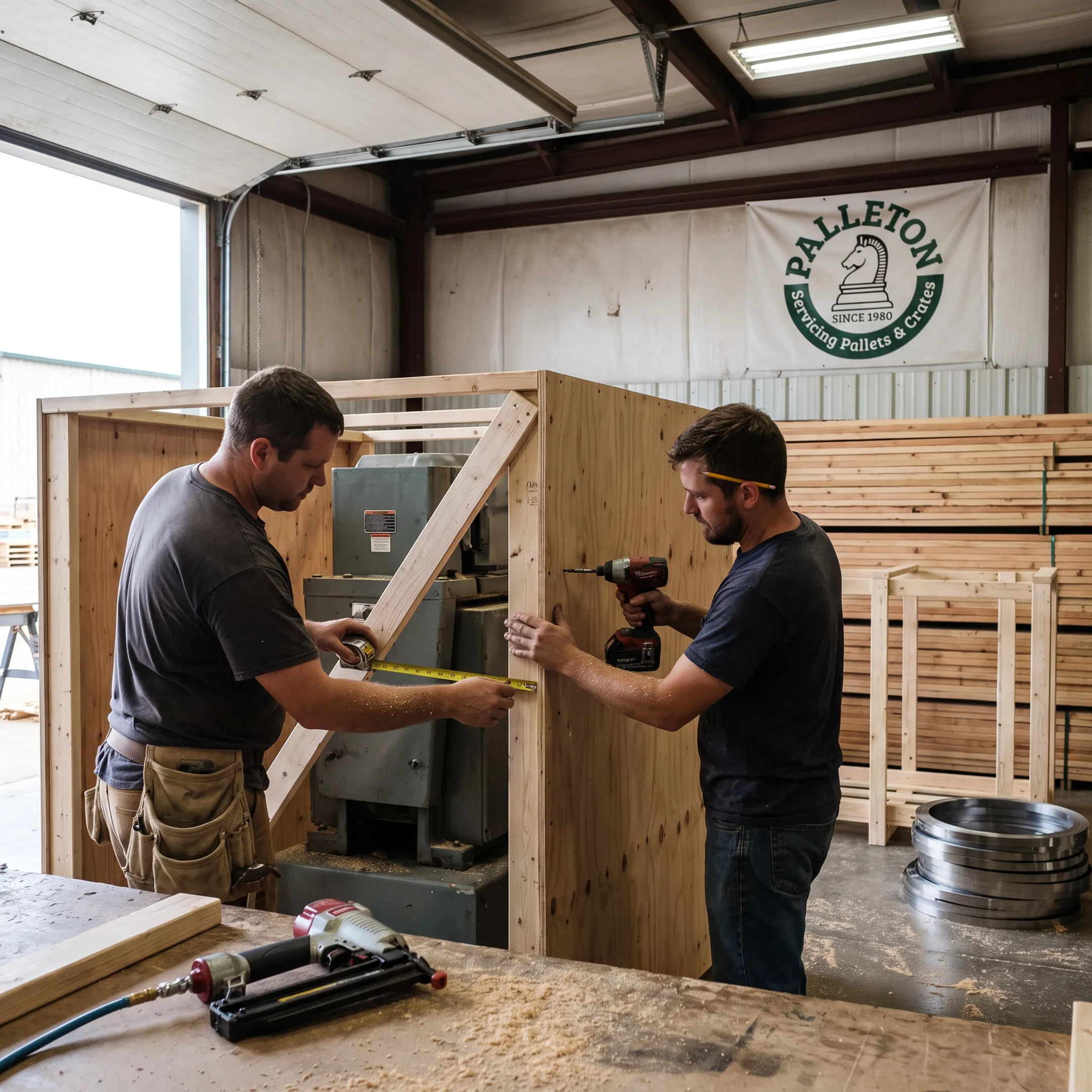 Team assembling a custom export crate