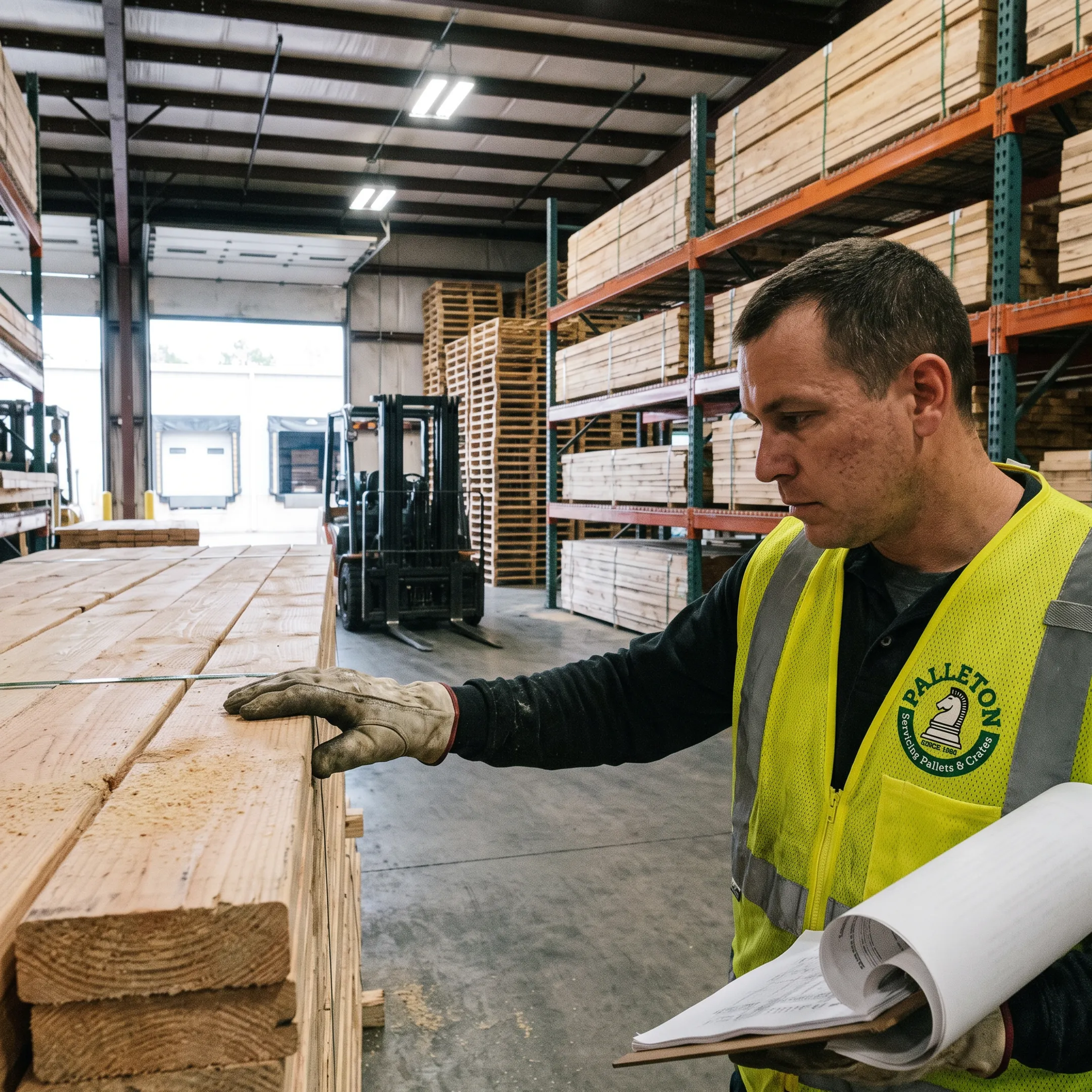Worker inspecting commercial lumber stock