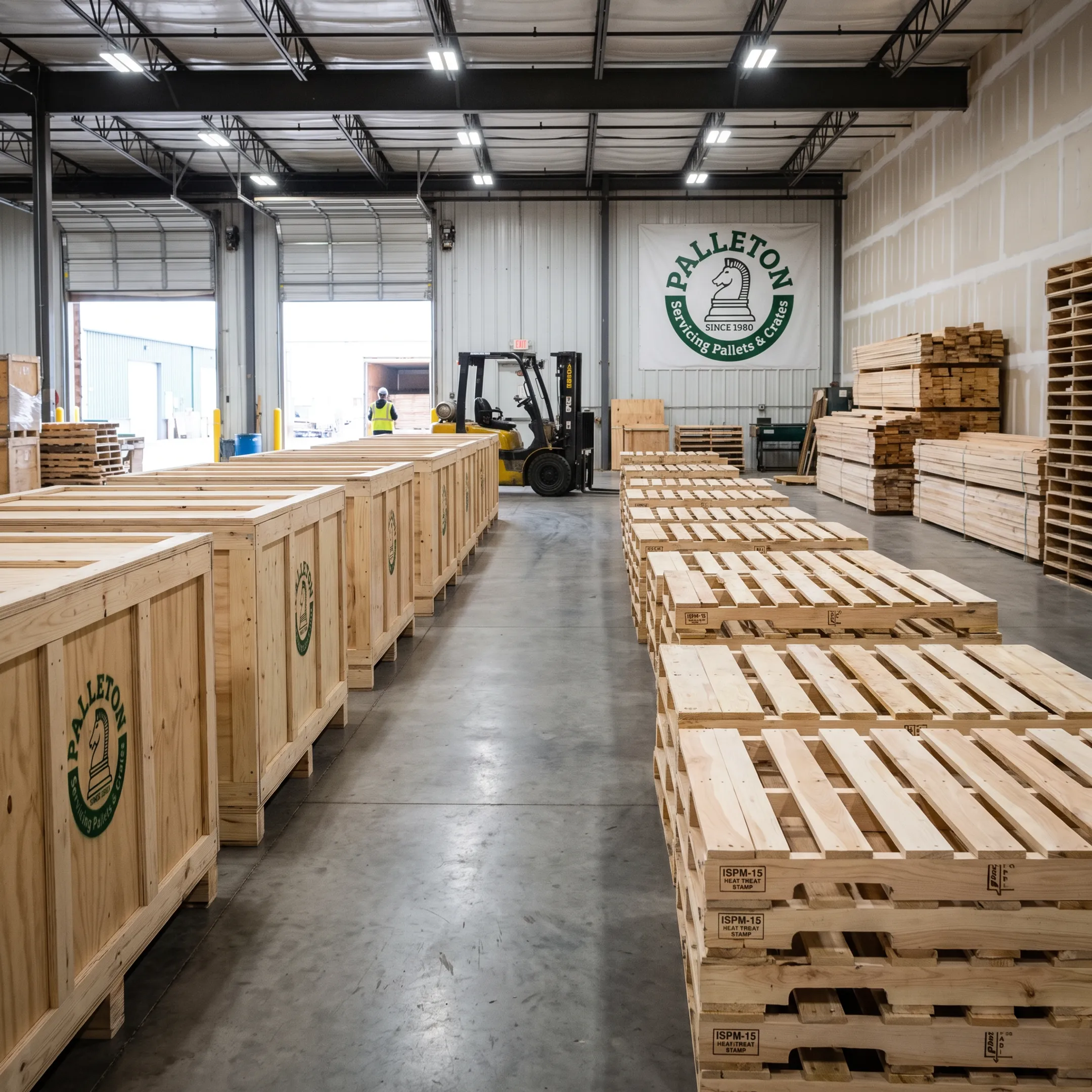 Custom wooden crates and pallets in a warehouse