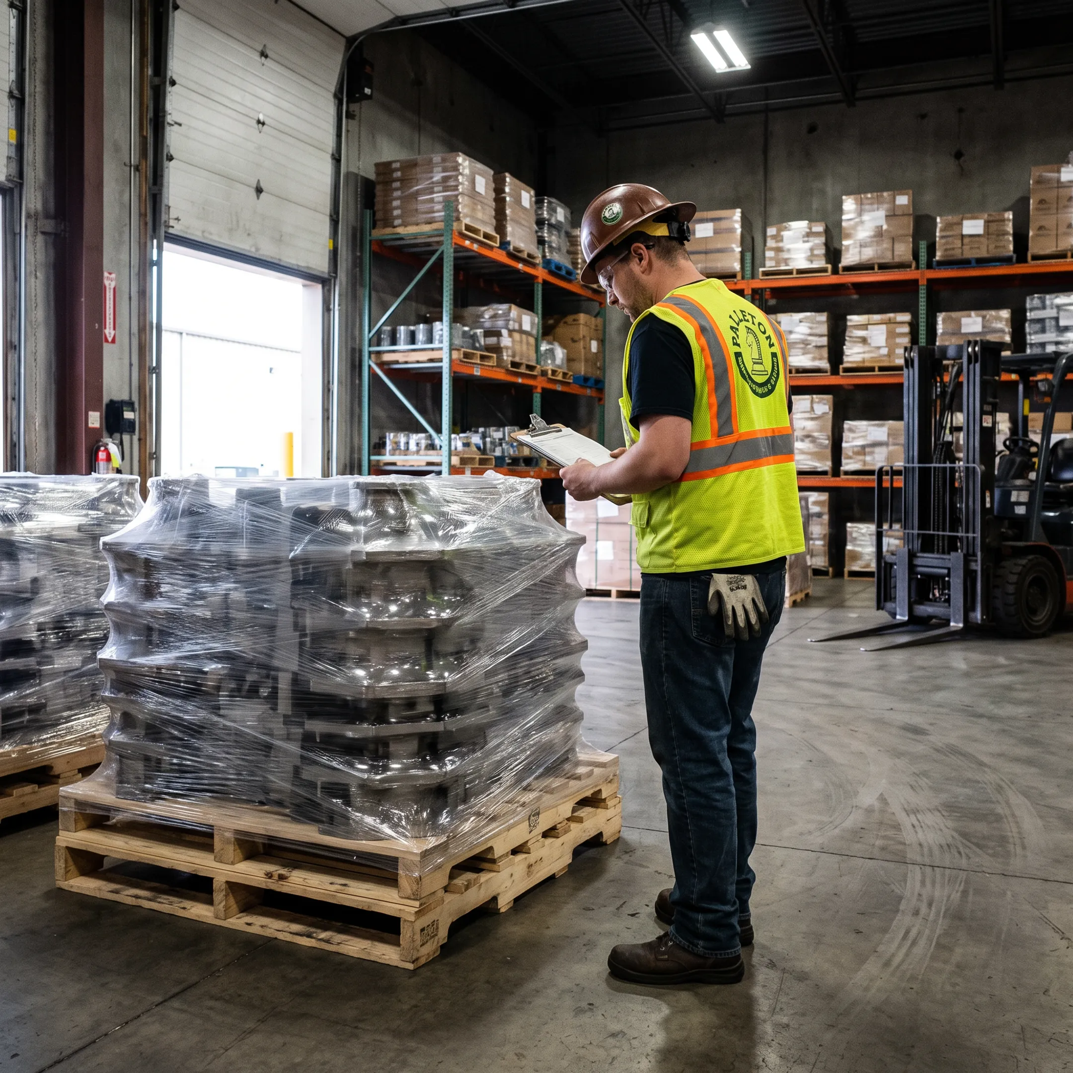 Pallet specialist reviewing a shipping load
