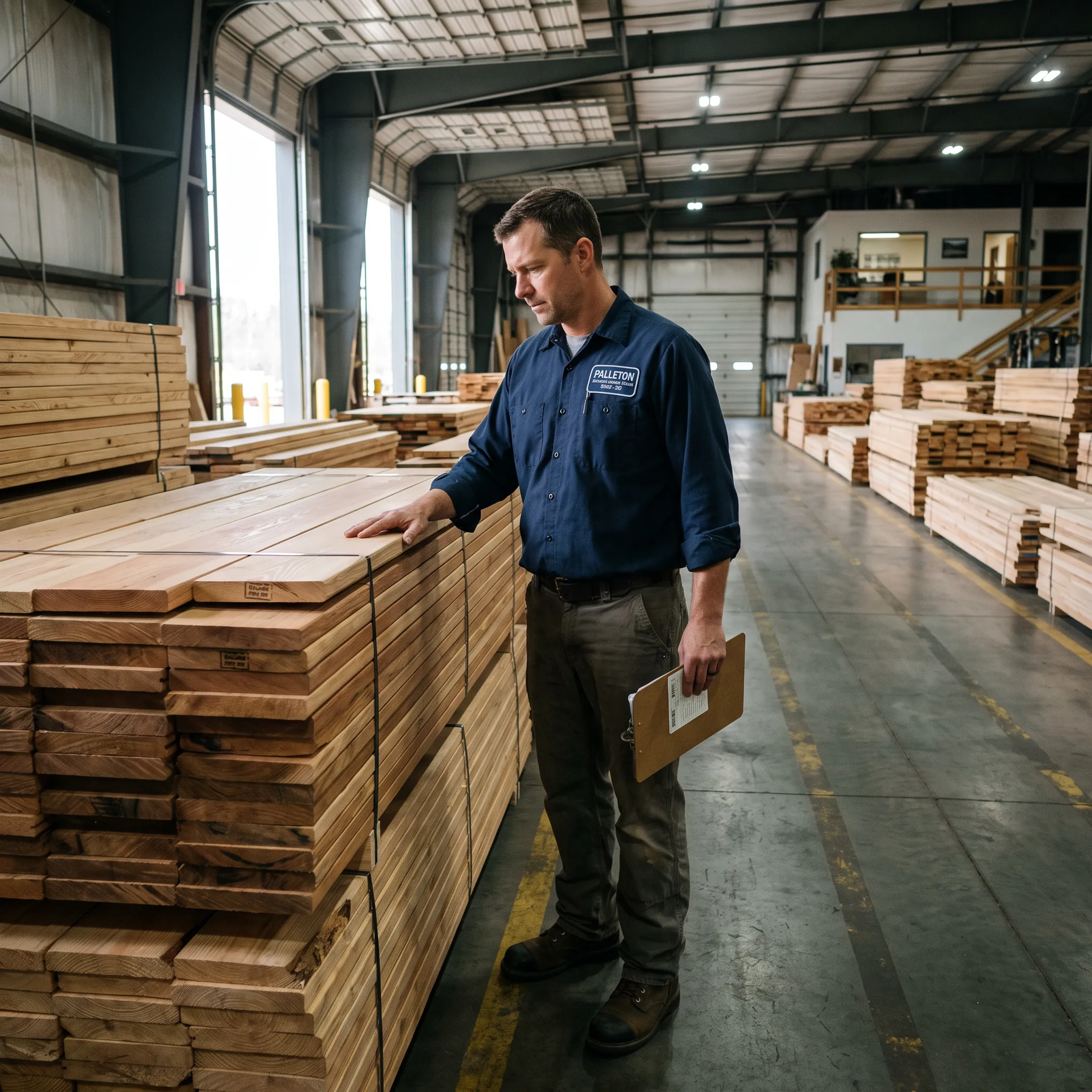 Lumber specialist reviewing stacked wood inventory