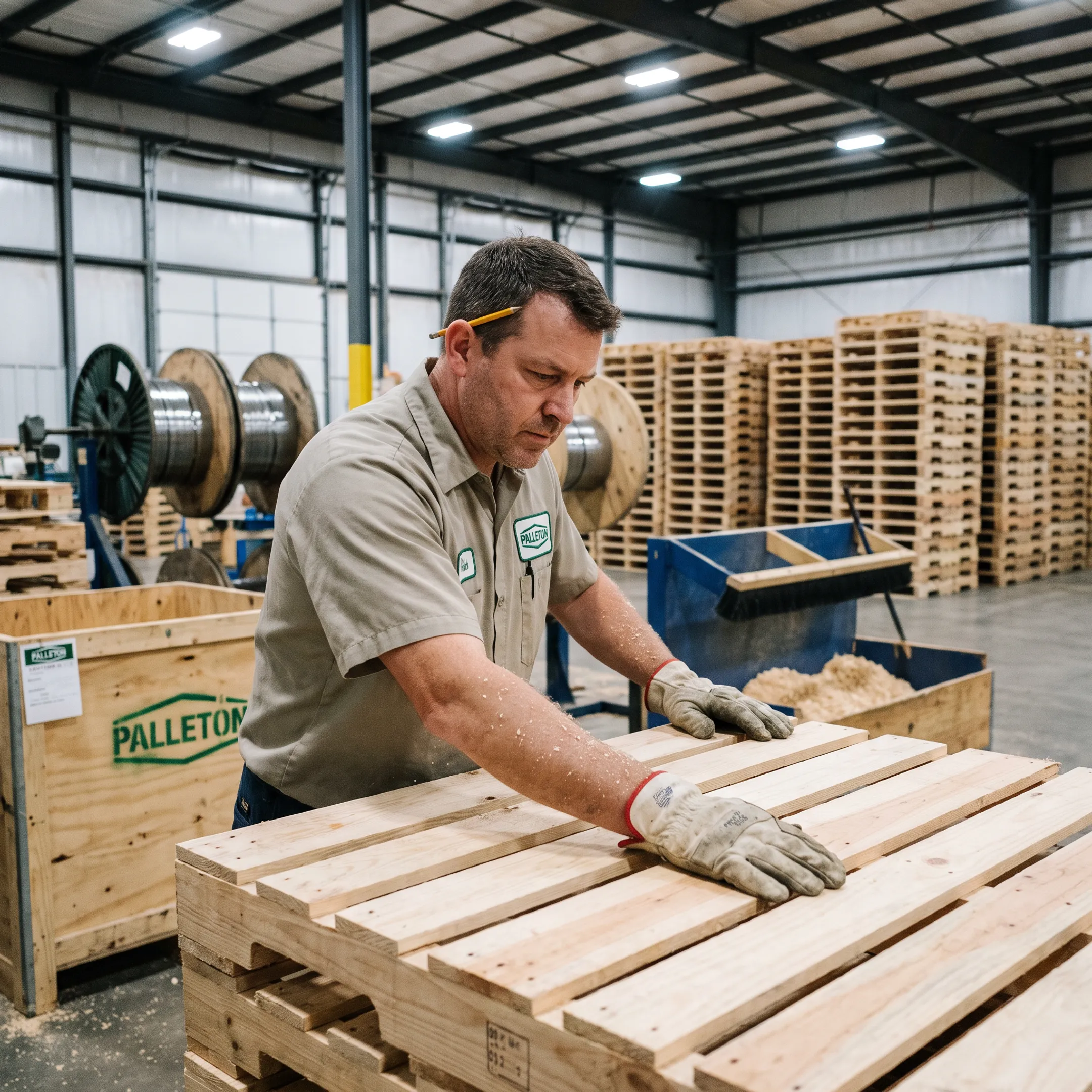 Technician inspecting a custom wood pallet