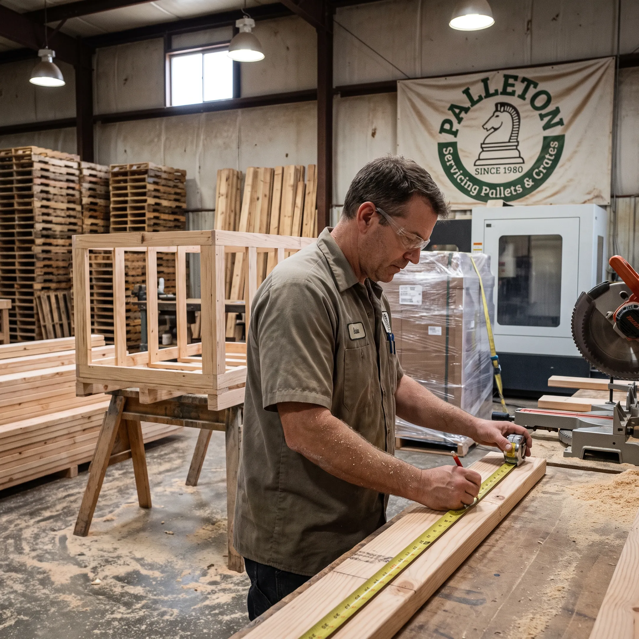 Worker measuring lumber for custom shipping crate