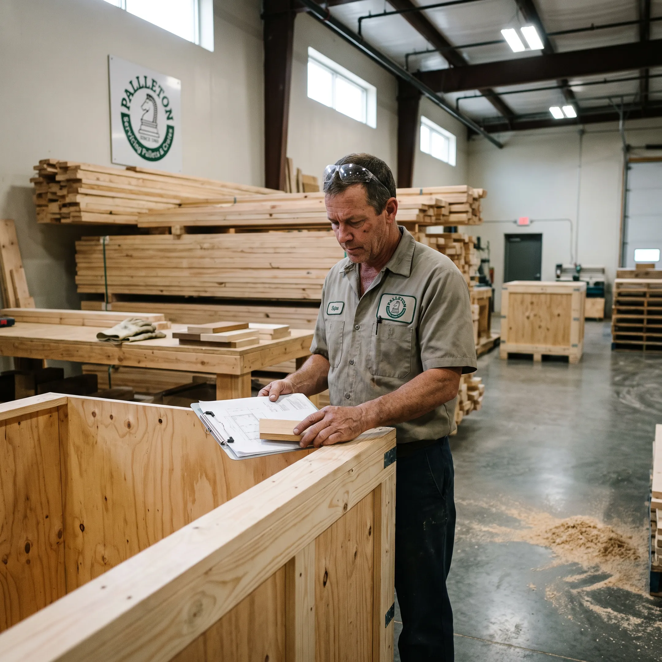 Packaging specialist reviewing a custom pallet design