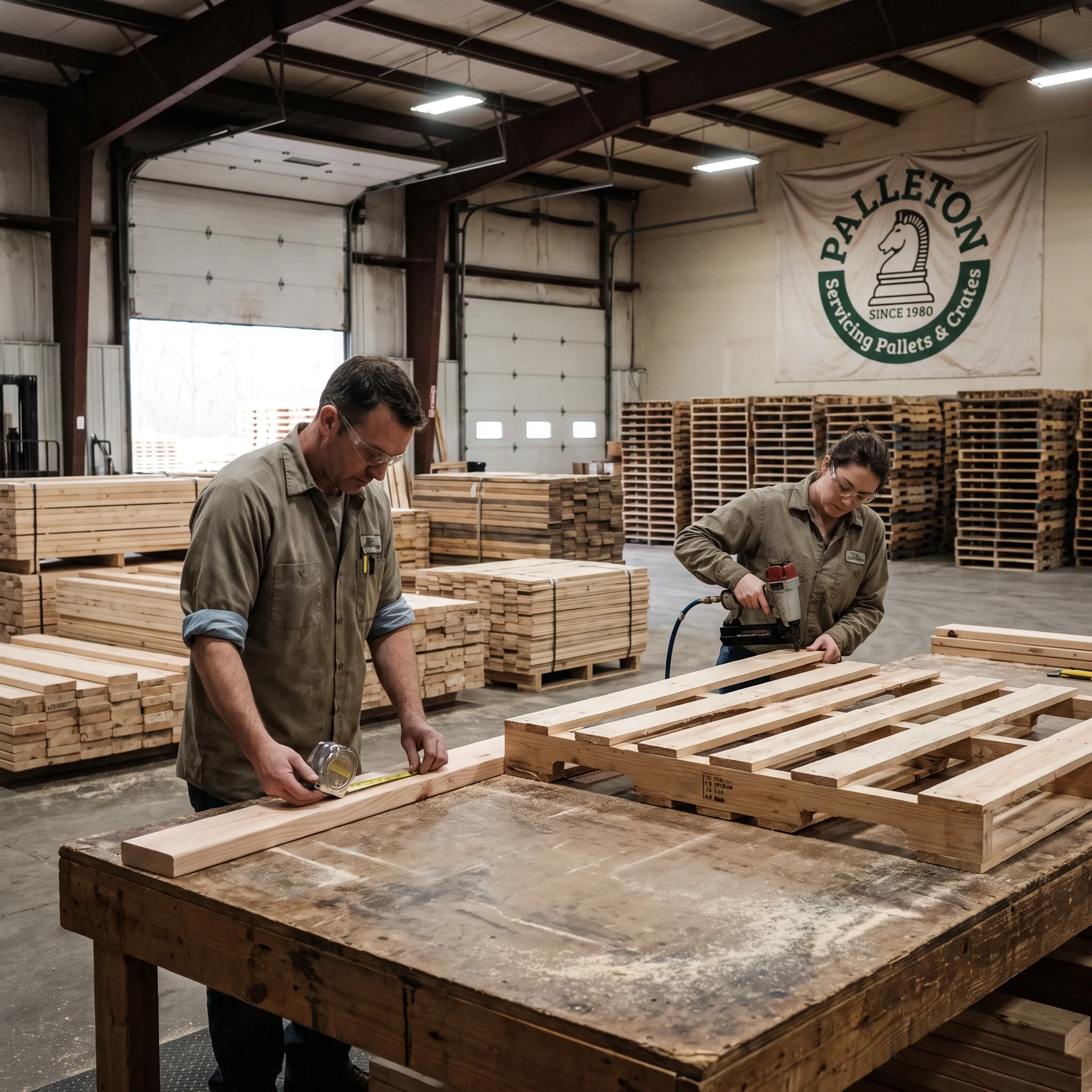 Team measuring lumber for custom pallet production