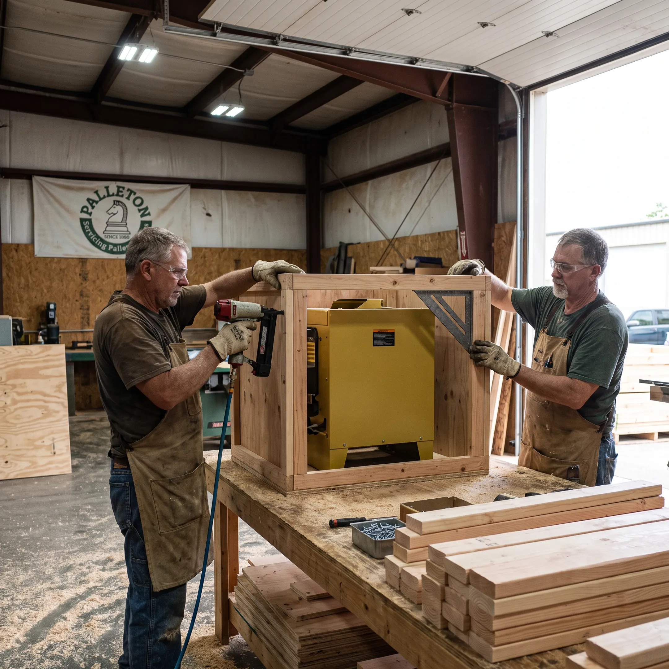 Workers assembling a custom wood crate
