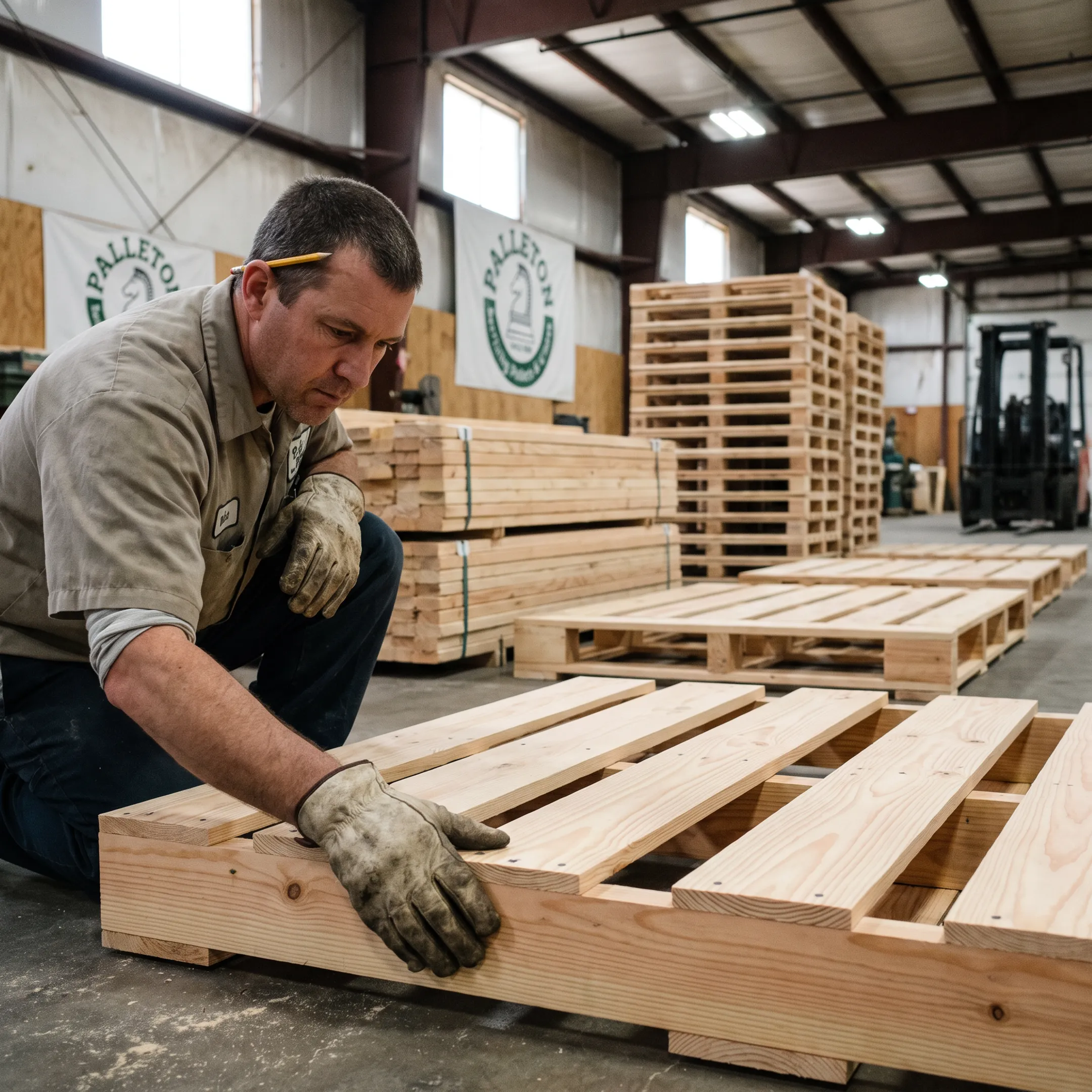 Worker inspecting a custom wooden pallet