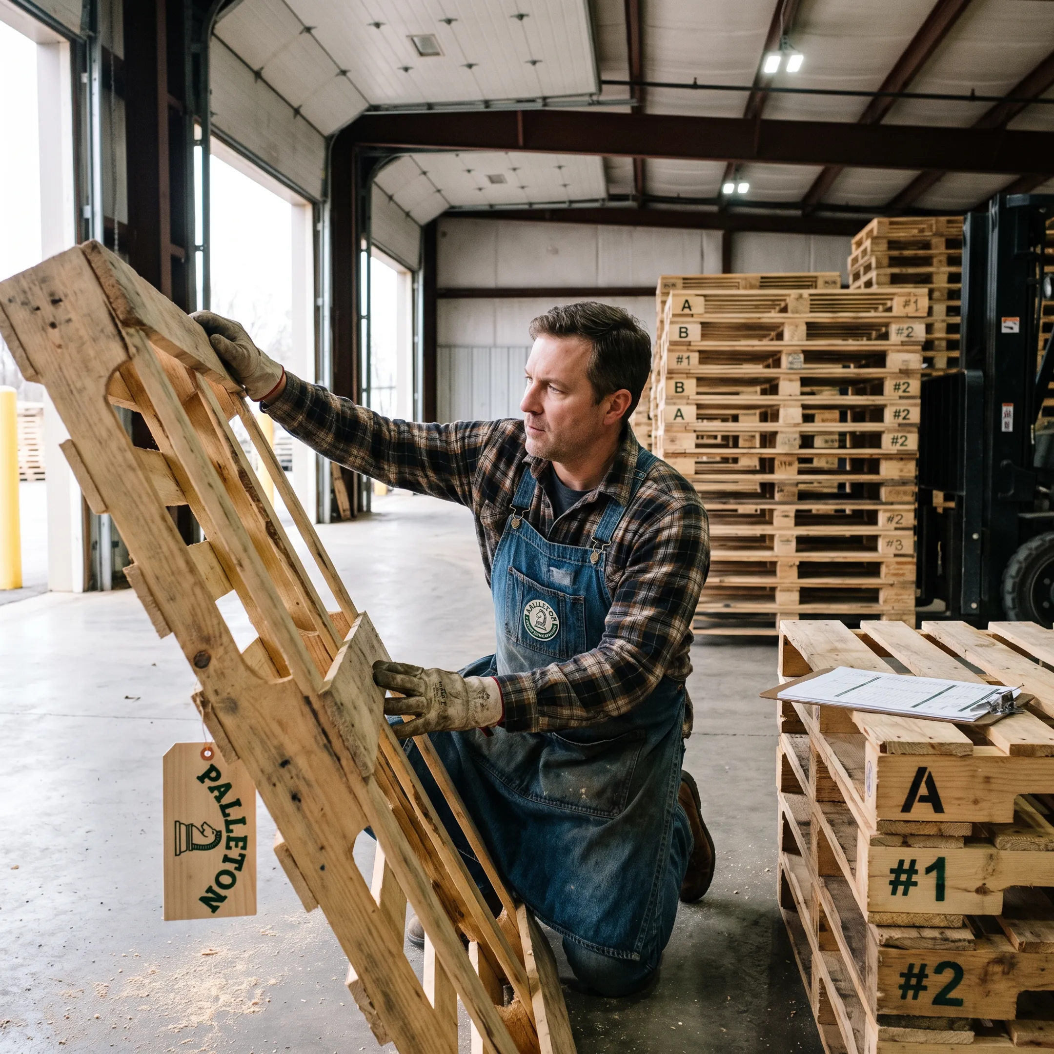 Worker inspecting reusable wooden pallets