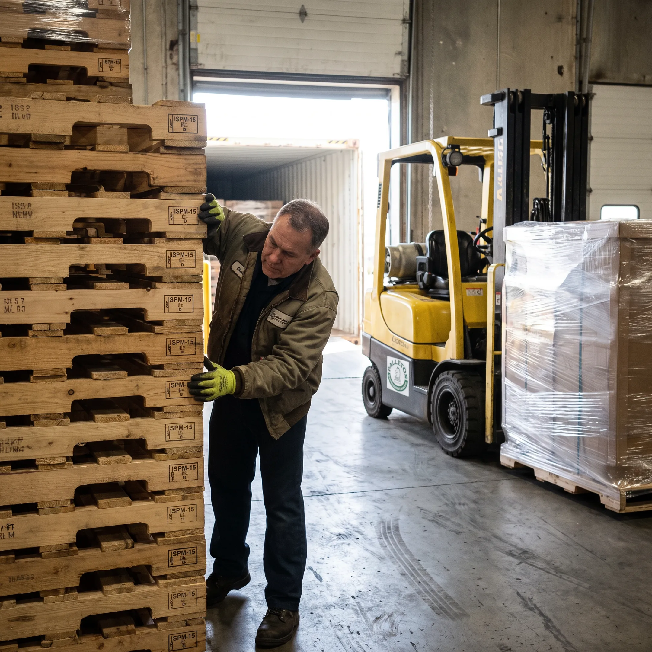 Warehouse employee inspecting wooden pallets