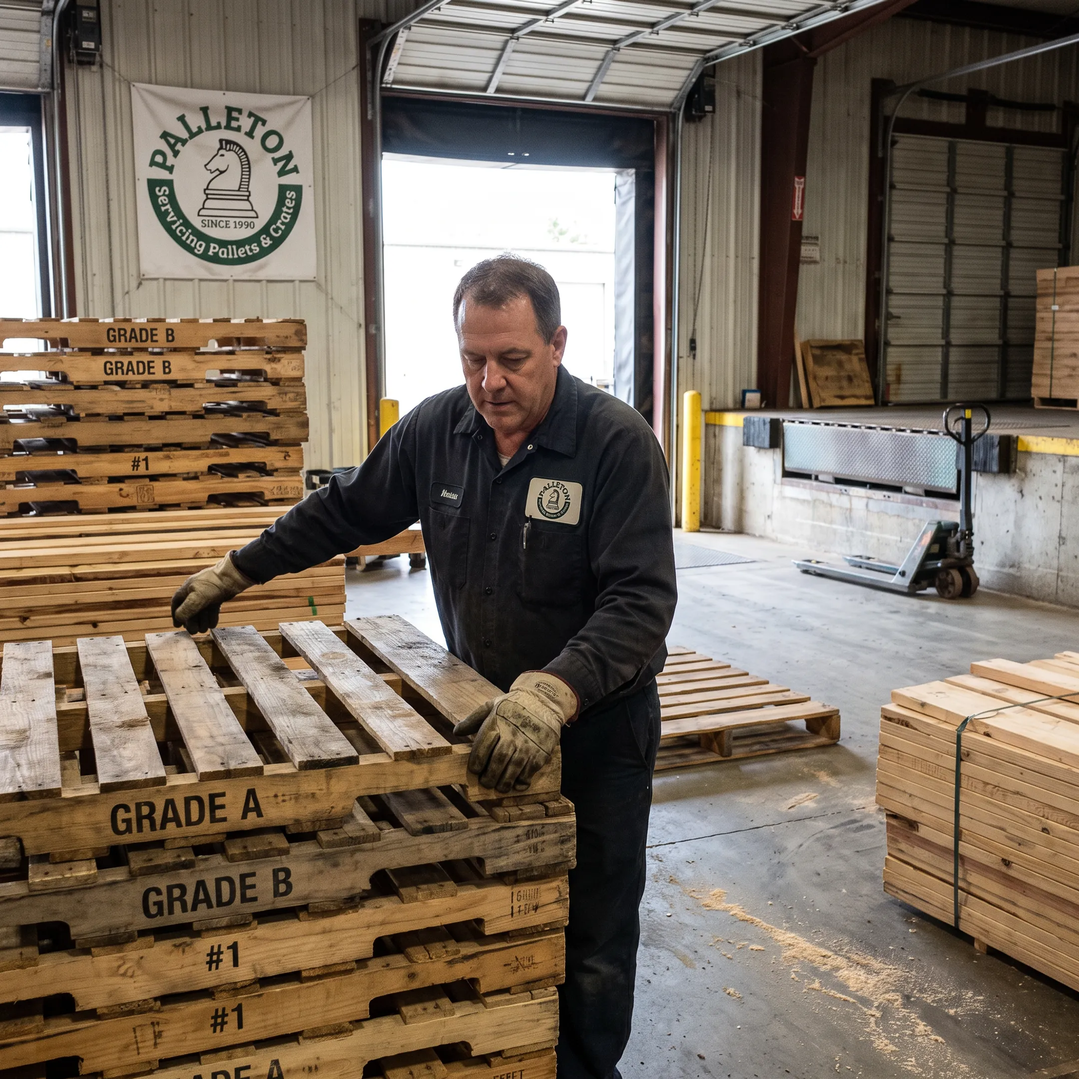 Worker sorting used wood pallets
