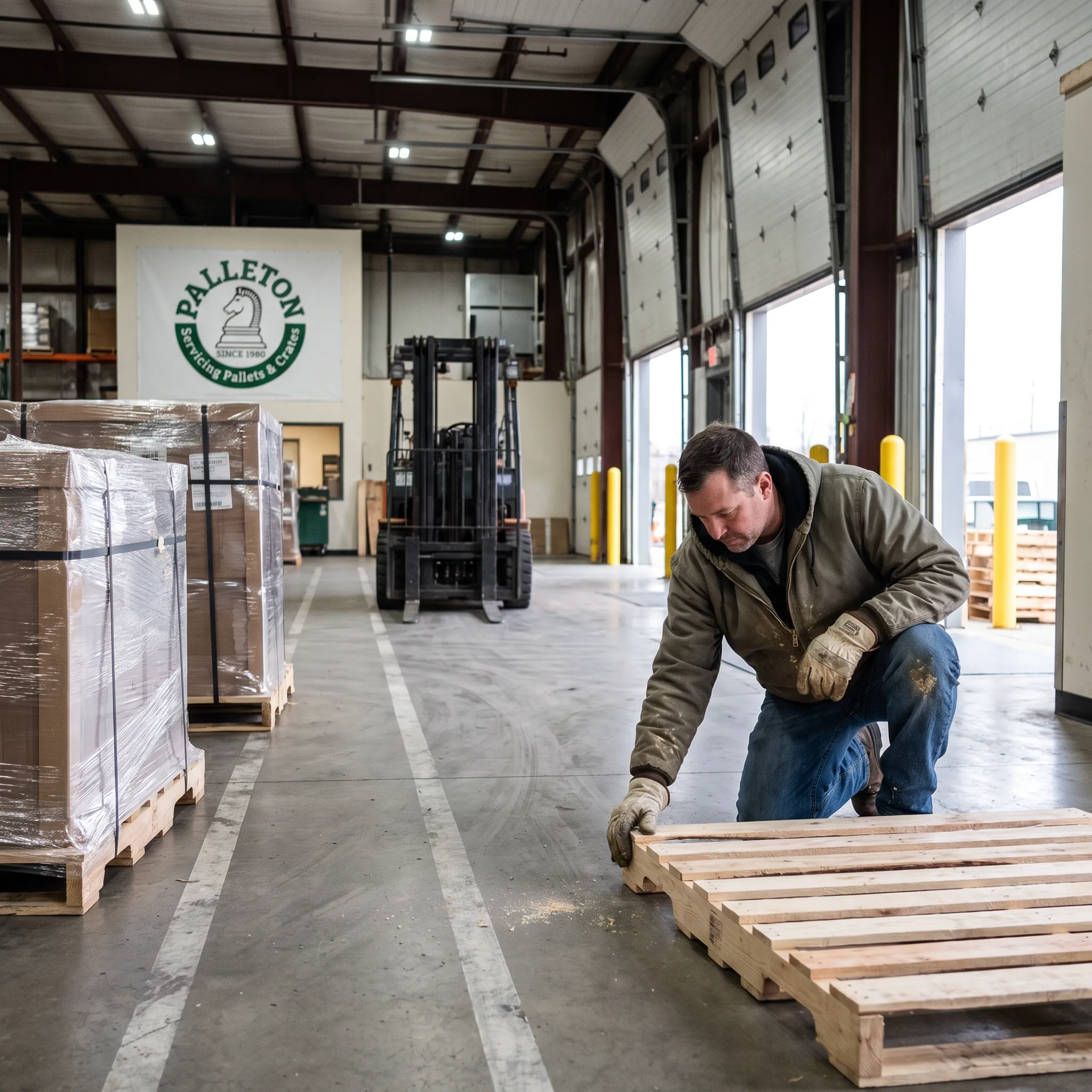 Pallet specialist inspecting a custom wooden pallet