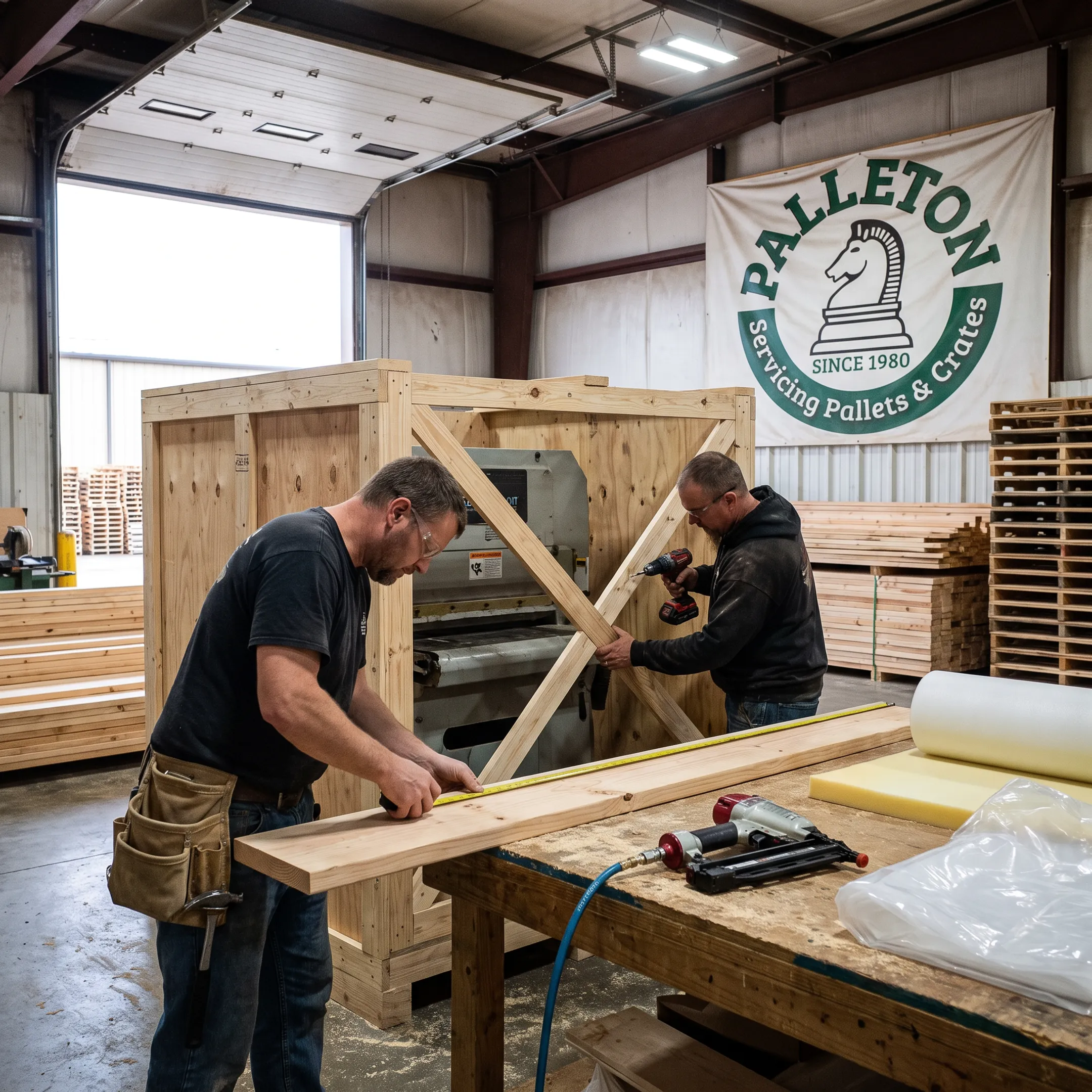 Team building a custom wood shipping crate