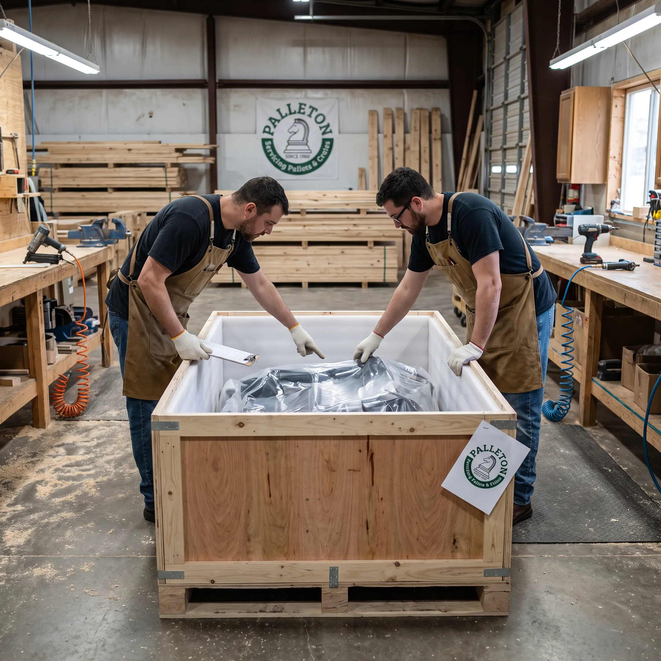 Team inspecting custom crate for automotive components