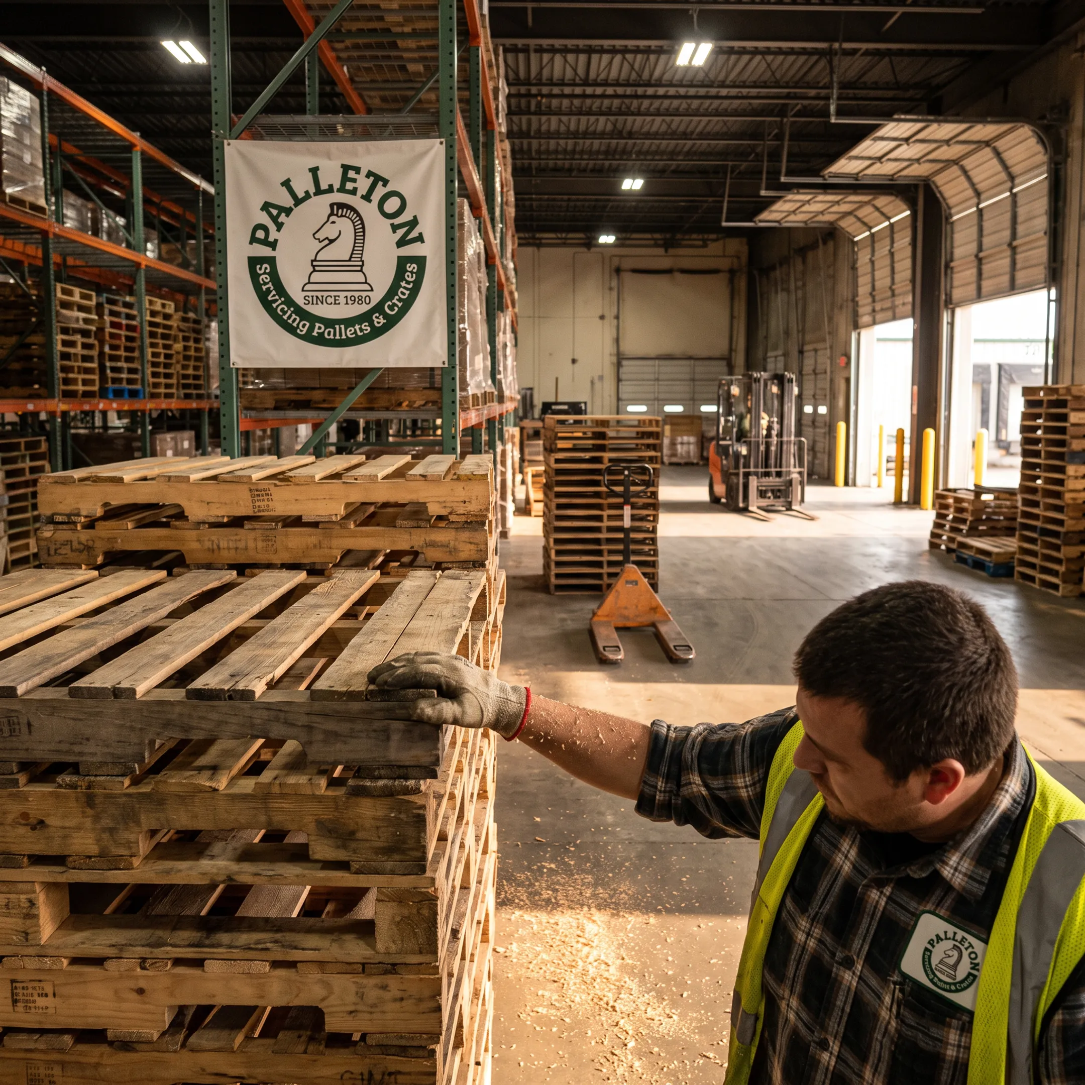 Worker inspecting used pallets for reuse