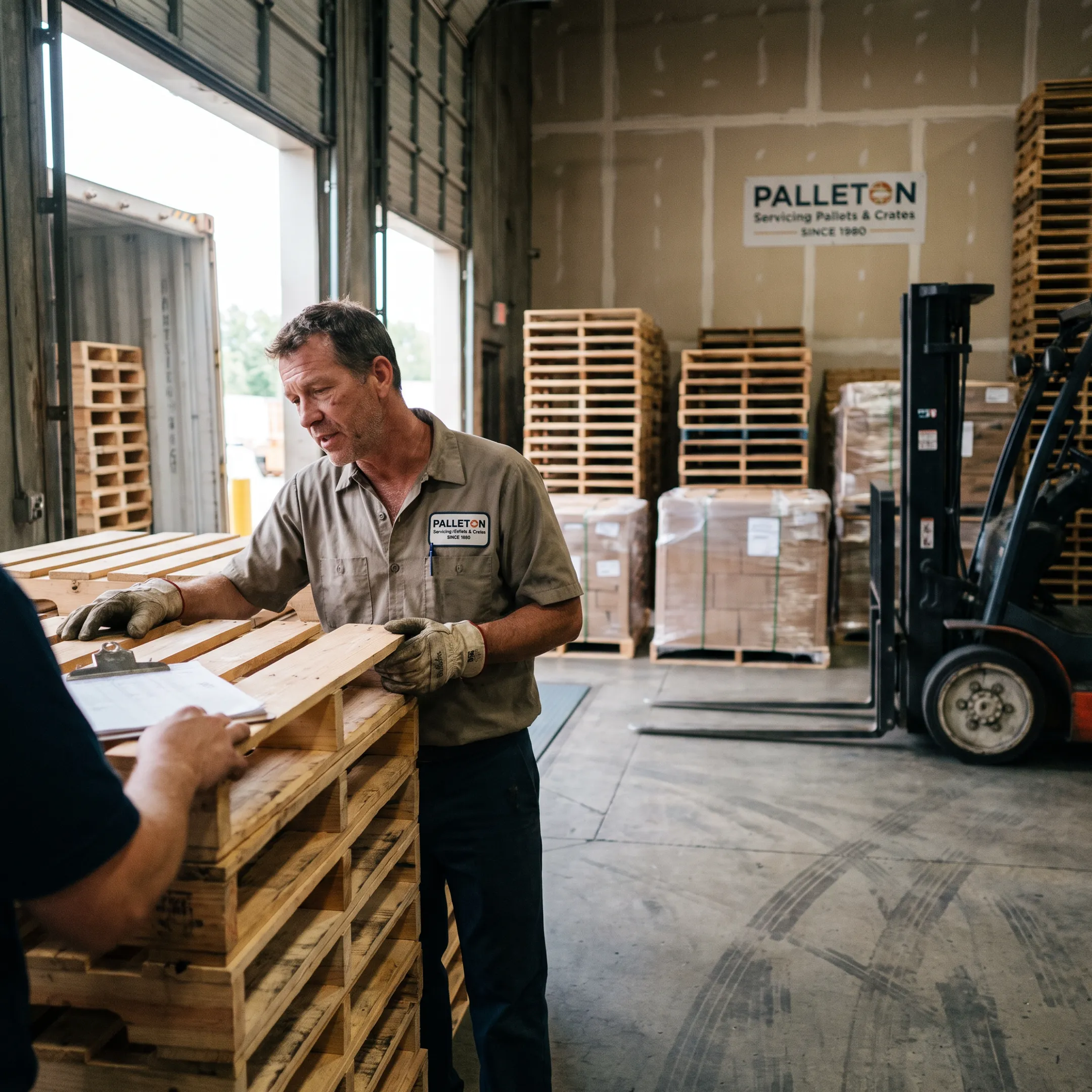 Pallet specialist inspecting wood pallets