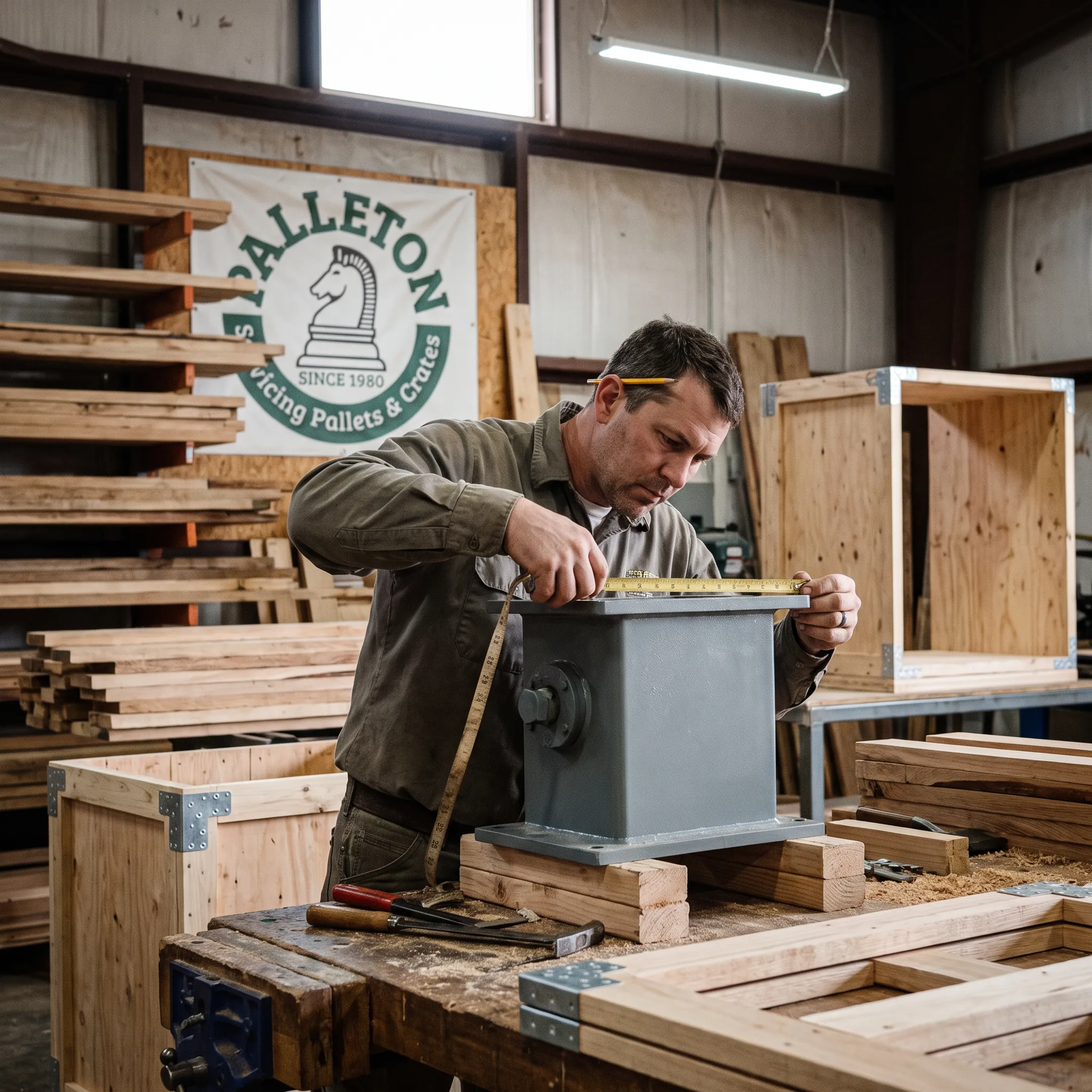Worker measuring freight for a custom crate