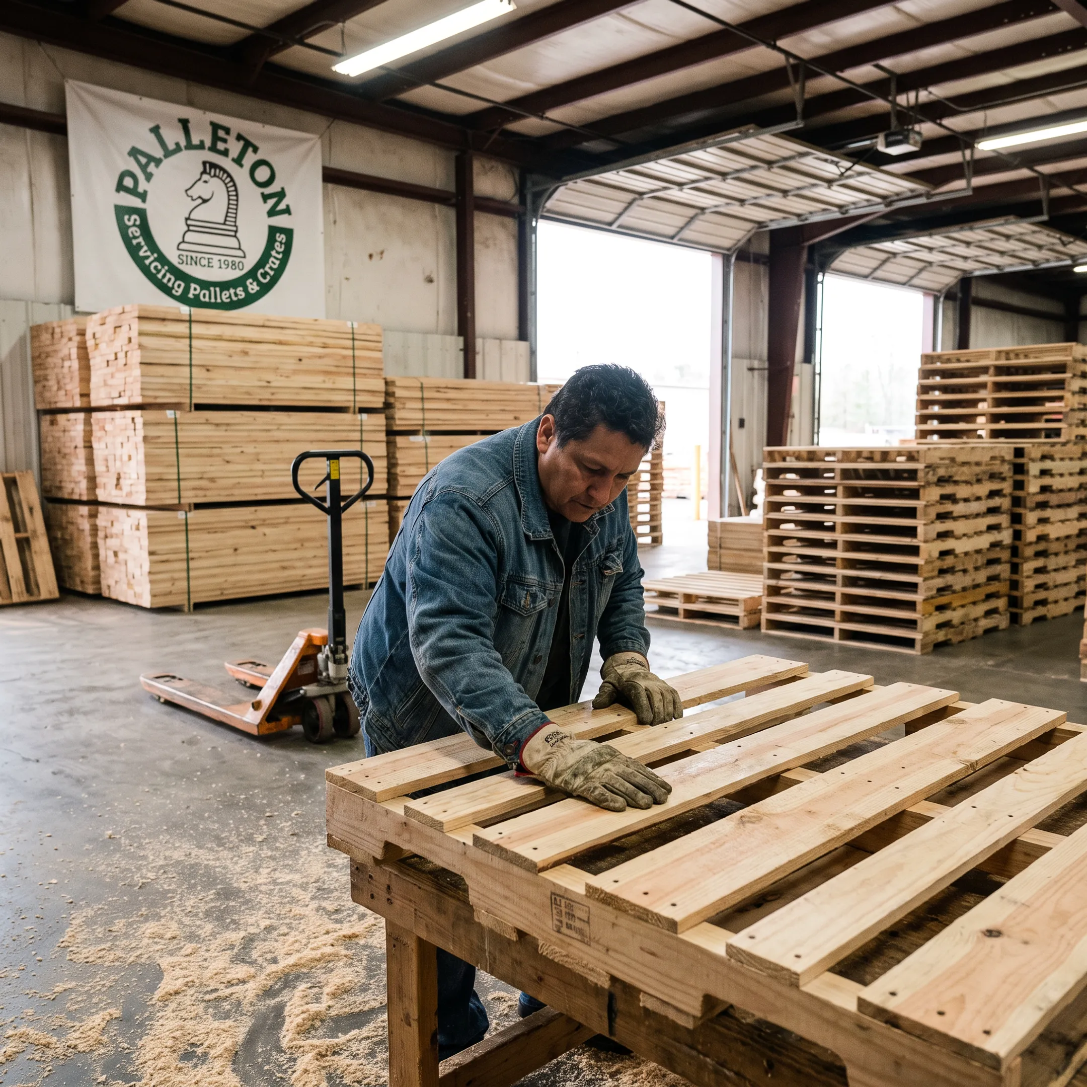 Worker inspecting a custom wood pallet