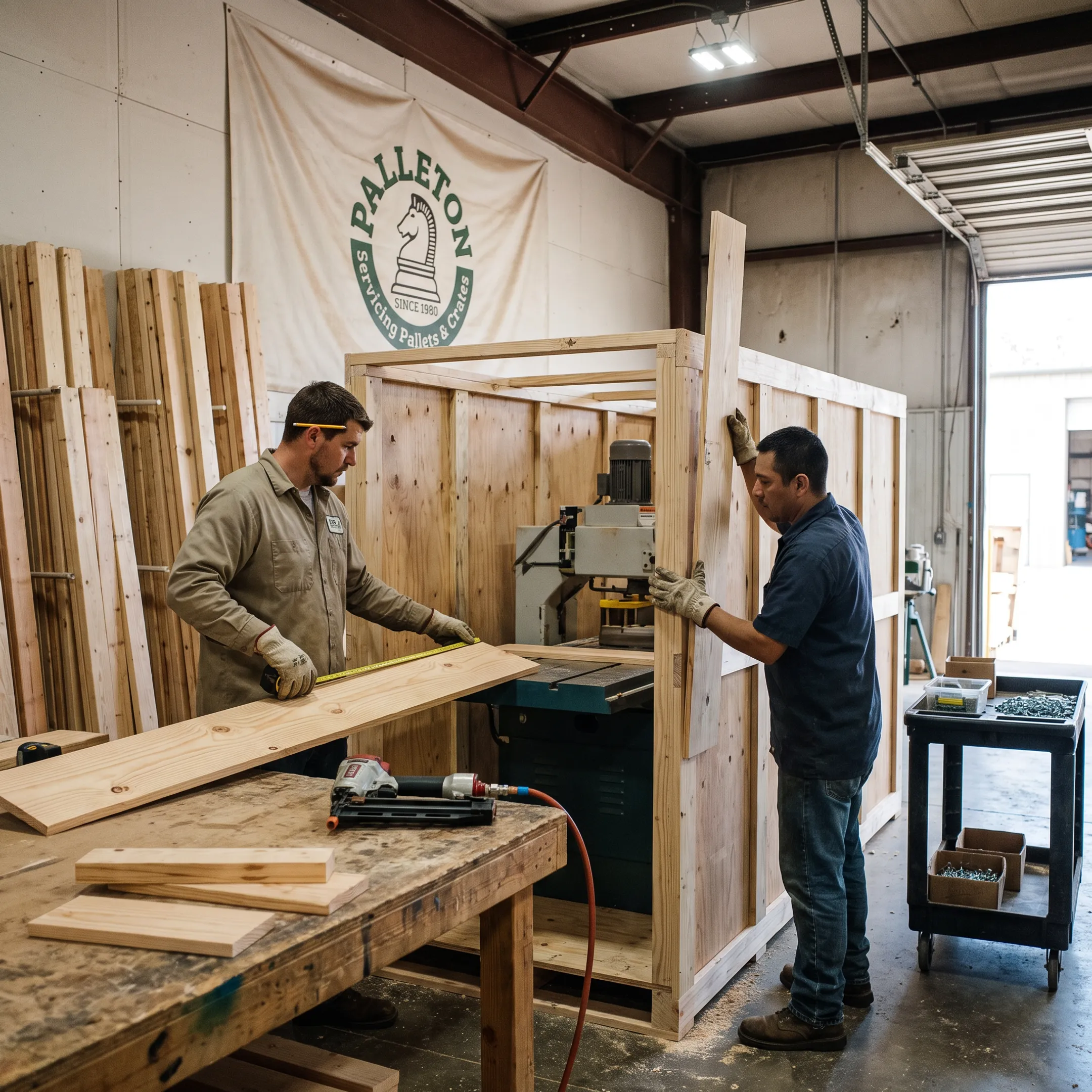 Team building a custom lumber crate