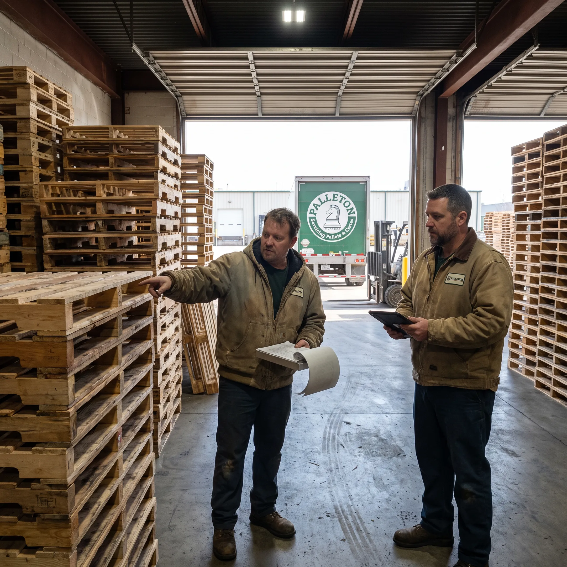 Pallet specialist reviewing warehouse pallet inventory