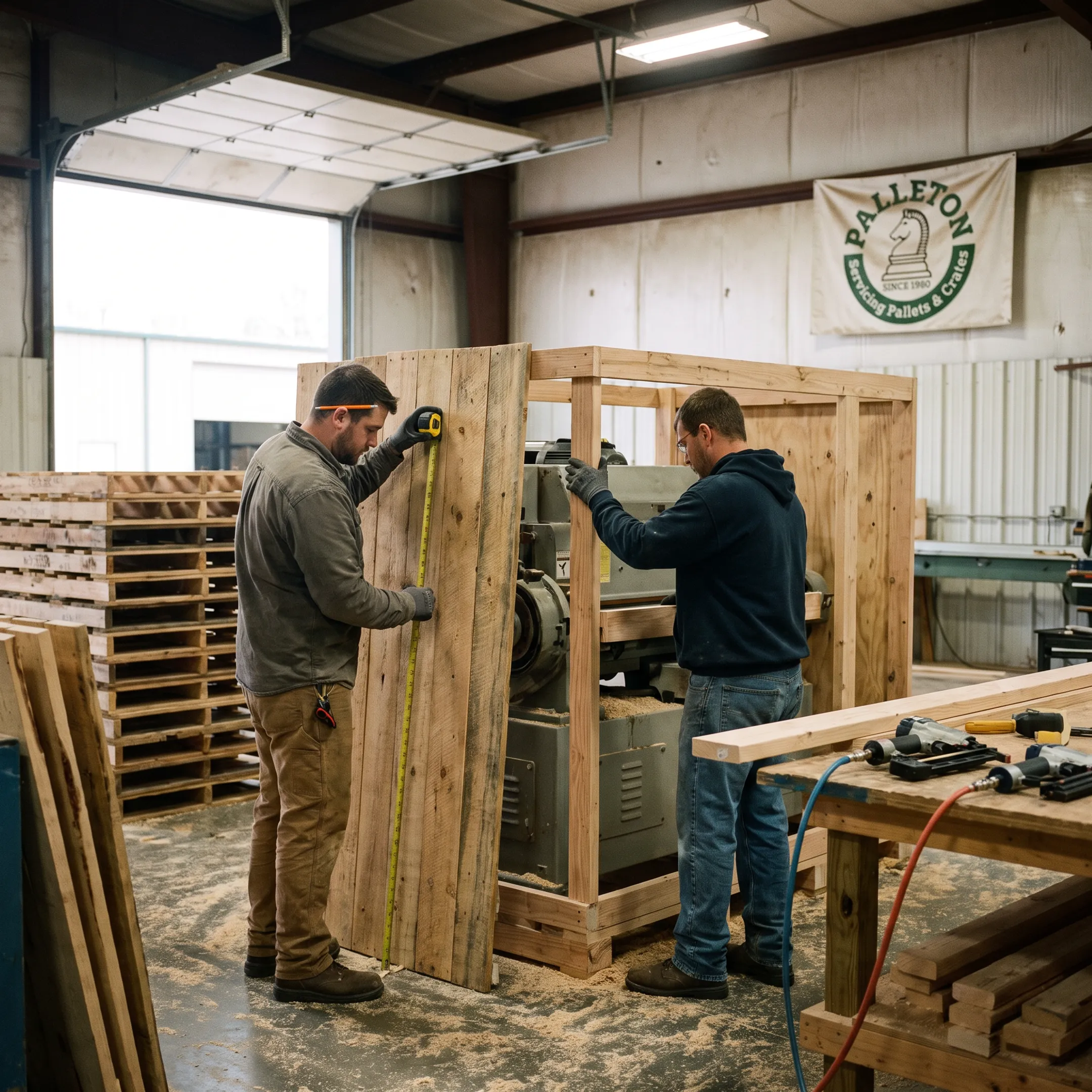 Team assembling a custom wooden shipping crate
