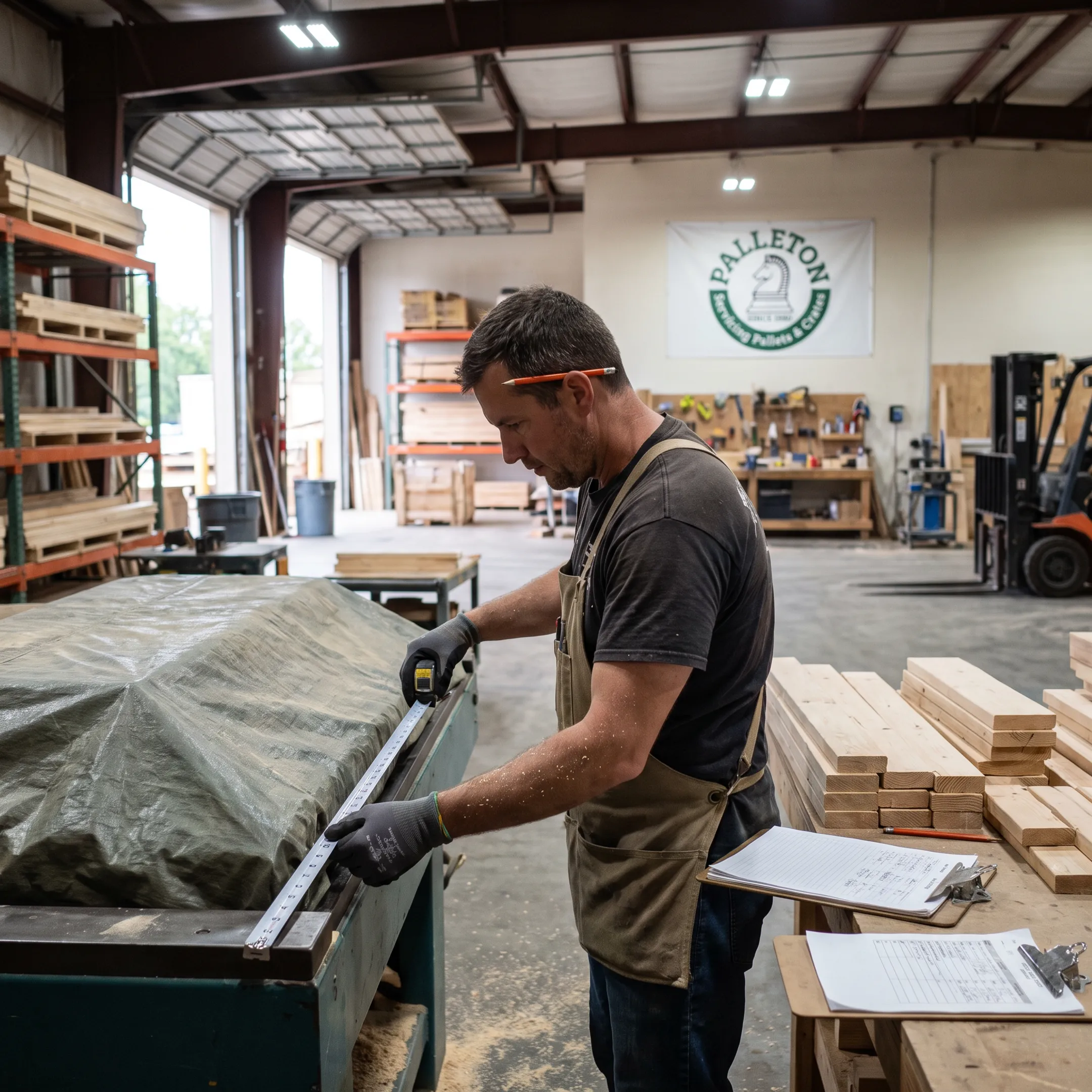 Worker measuring equipment for a custom wood crate