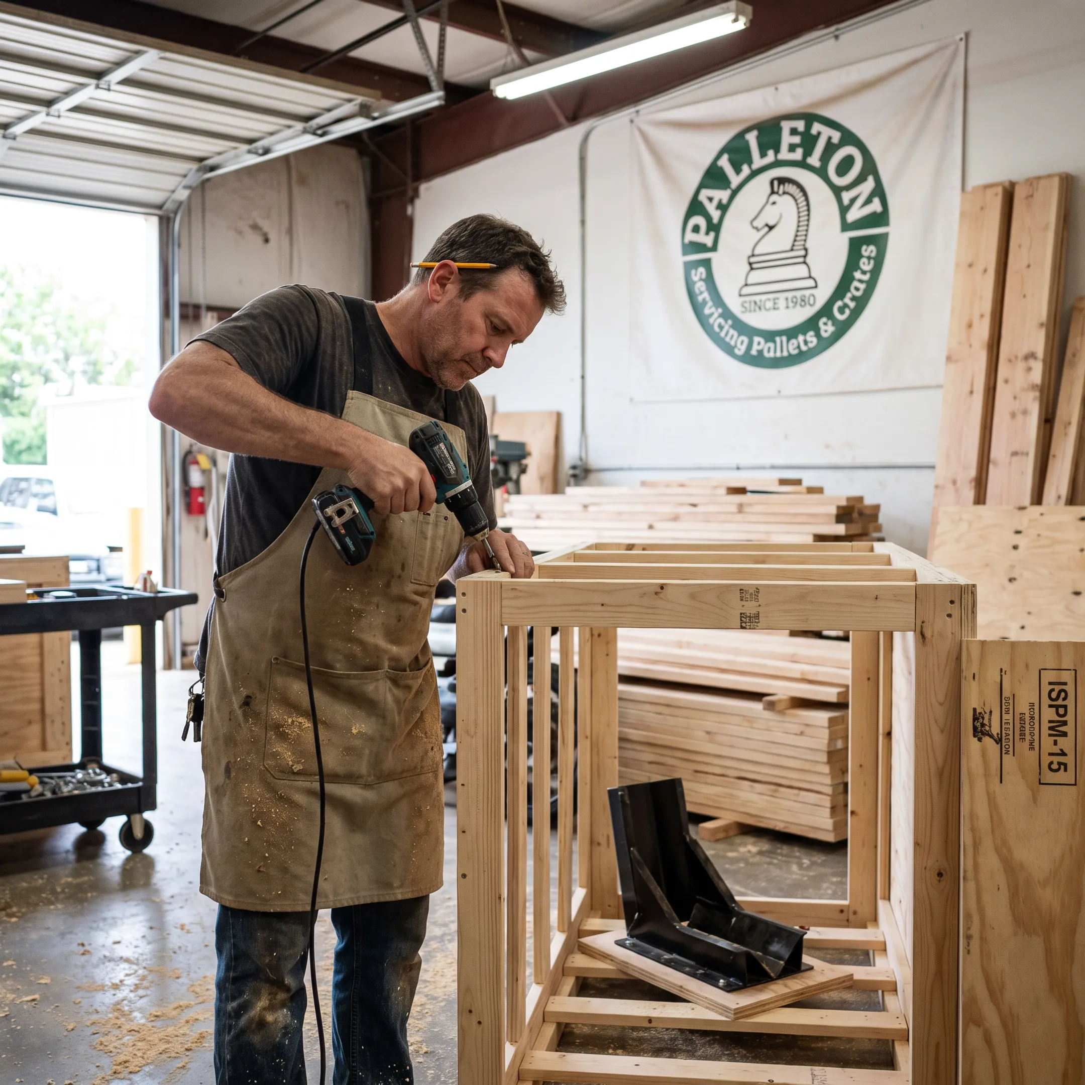 Palleton worker building a custom wooden motorcycle crate