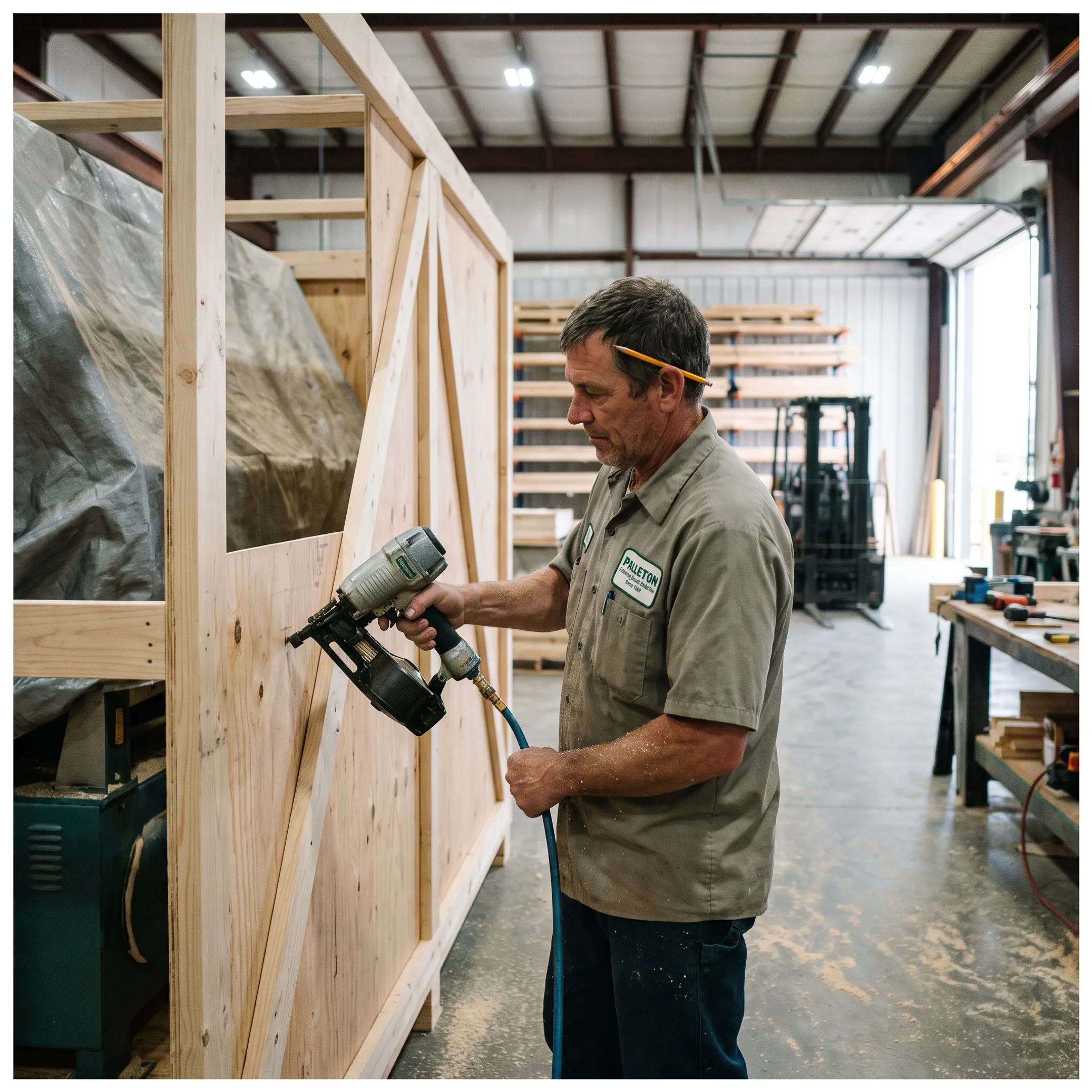 Technician assembling a custom wood shipping crate
