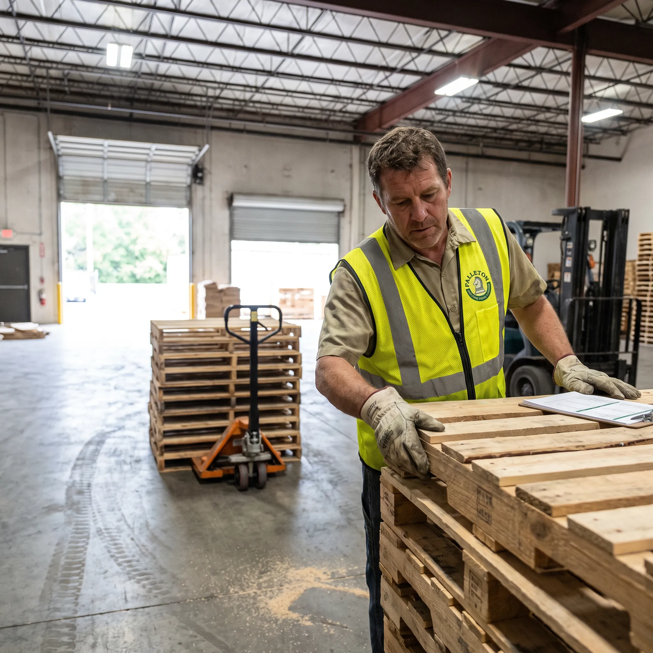 Warehouse employee inspecting recycled wooden pallets