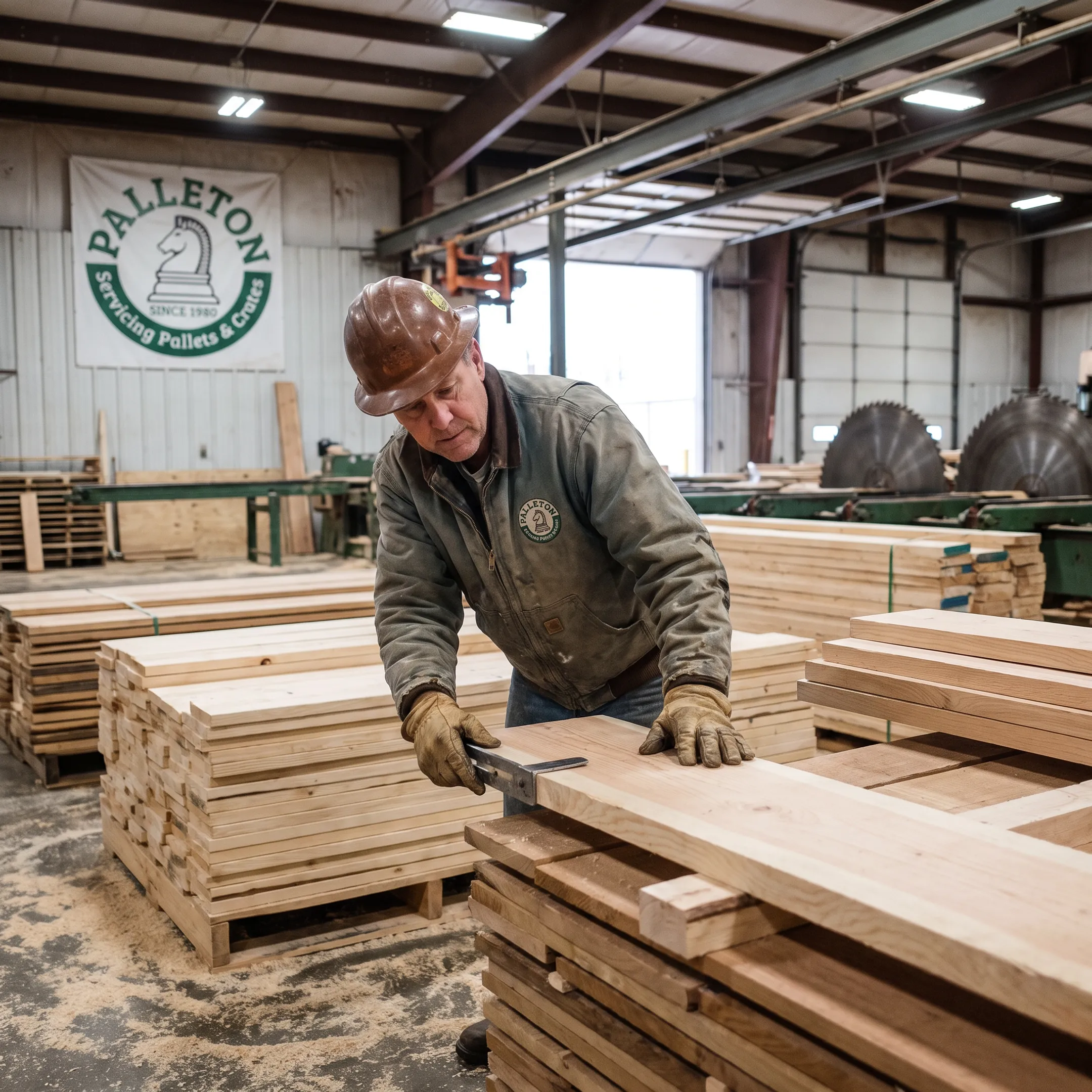Worker inspecting rough cut lumber boards