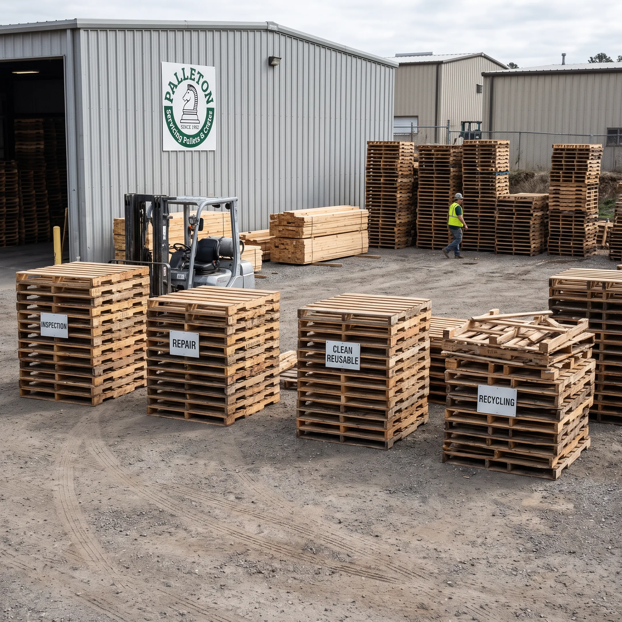 Recovered pallets staged for sorting