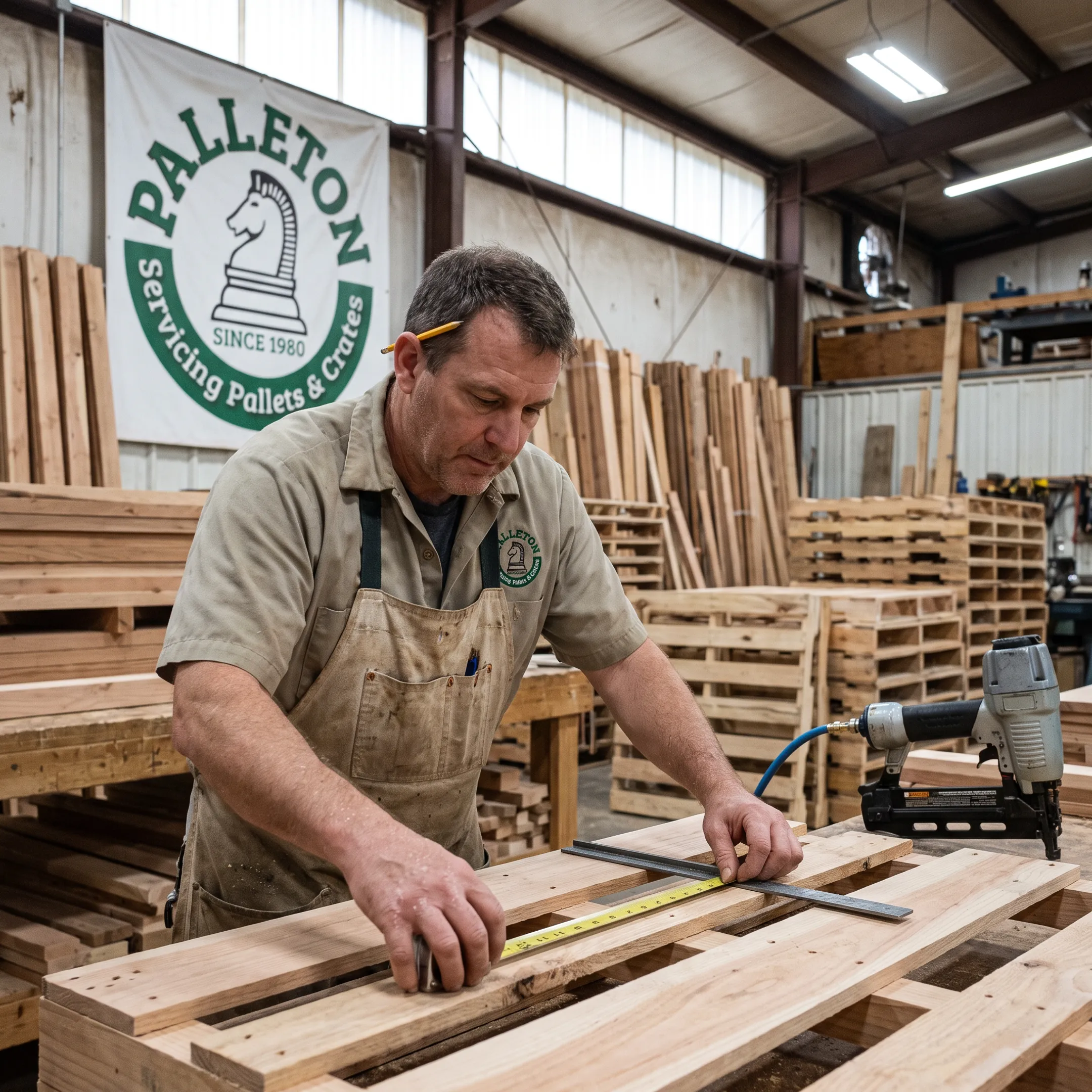 Technician inspecting a custom pallet