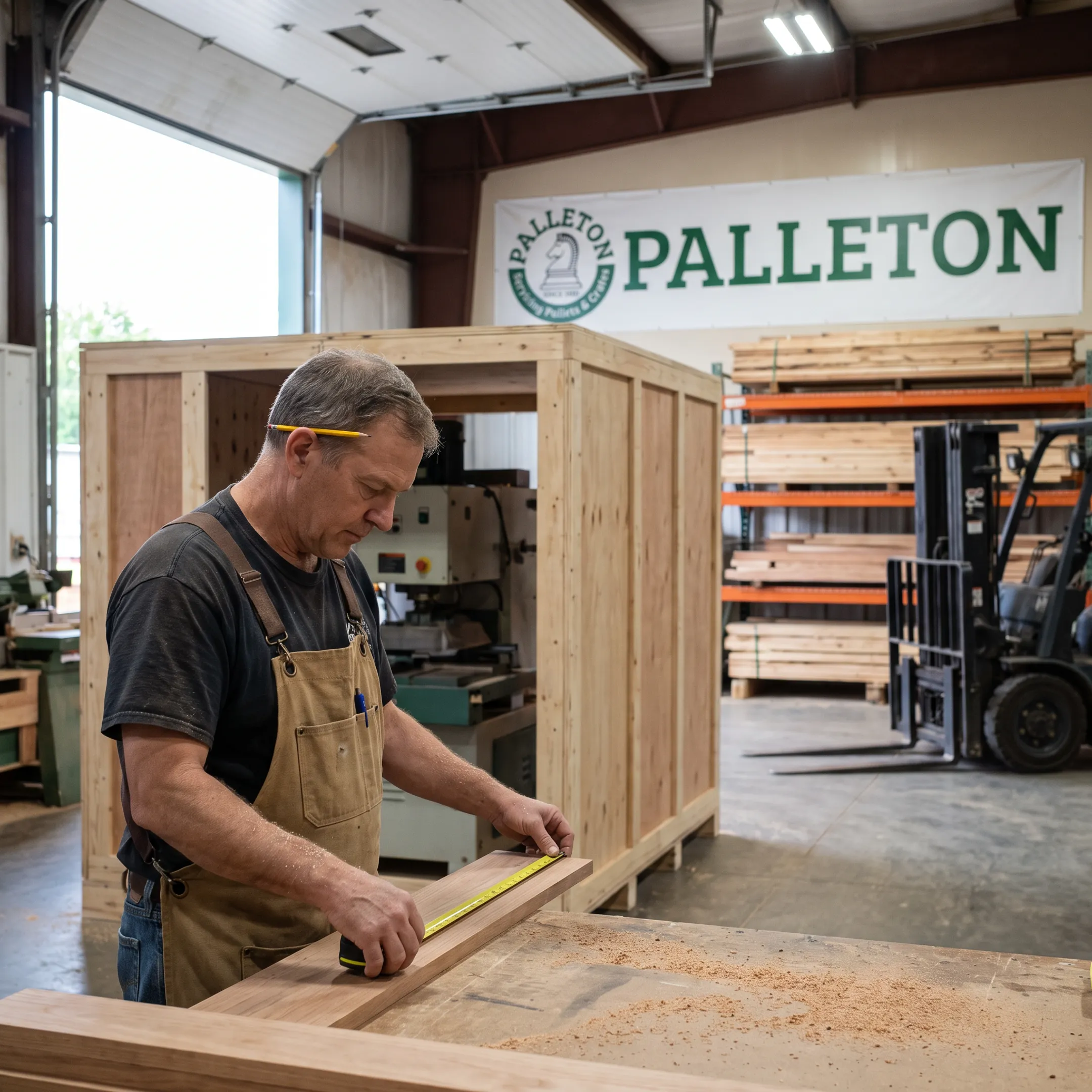 Craftsman assembling a custom wooden shipping crate