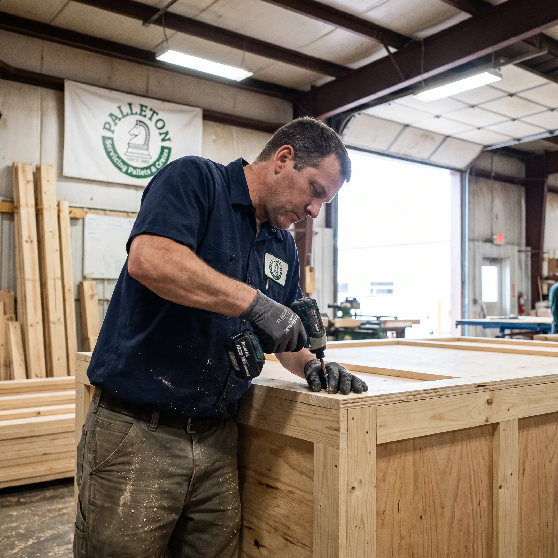 Worker assembling a custom reusable wood crate