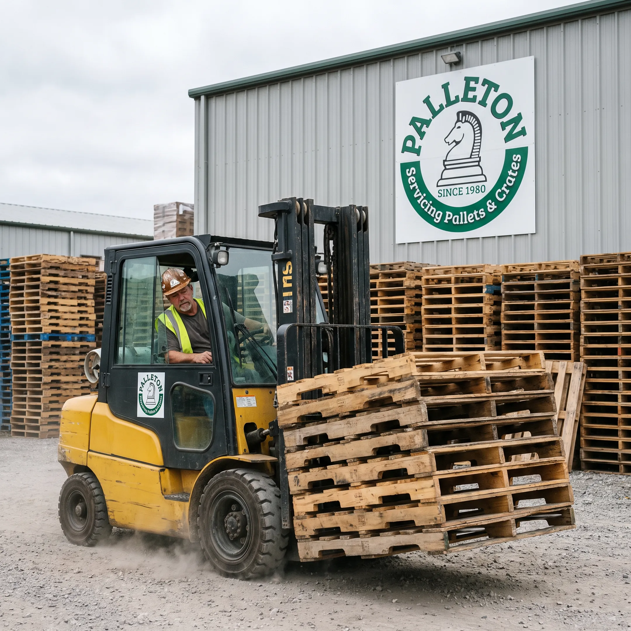Forklift sorting used pallets at a yard