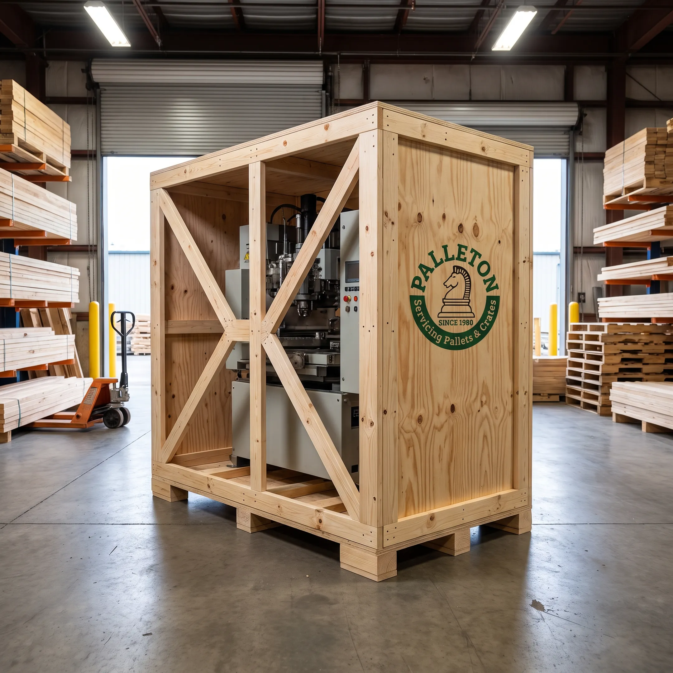 Custom wooden crate protecting industrial machinery
